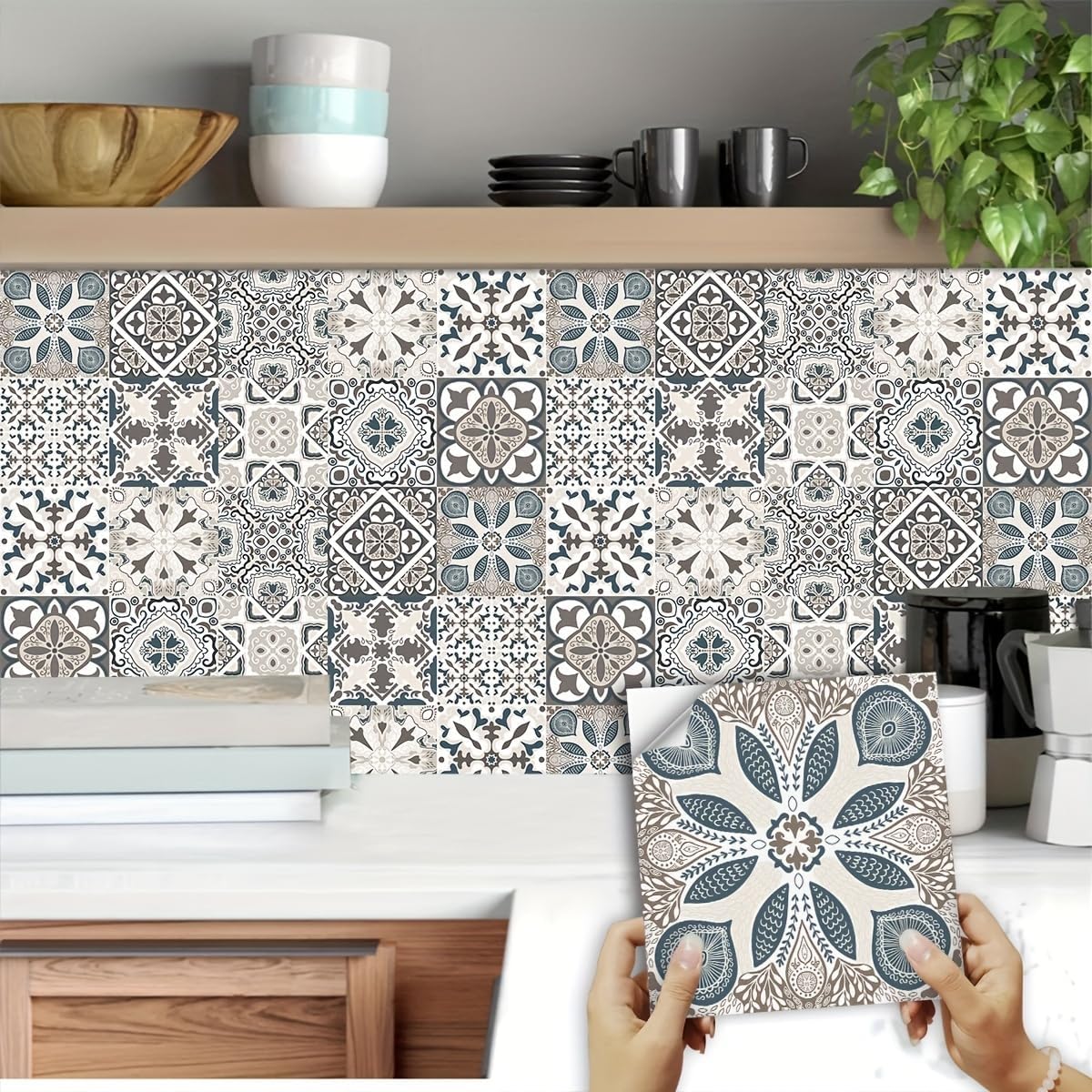 10-Piece 4x4 Floral Mandala Style, Waterproof and Oil-Proof, Removable Kitchen Backsplash Stickers, Square Plastic Wall Decals, Space Theme for Indoor Use