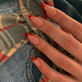 Red French Tip Nails Short Almond Press Ons Glue Ons DIY Acrylic Gel Nails, Natural Thick Extra Short Fake 30Pcs 15 Sizes