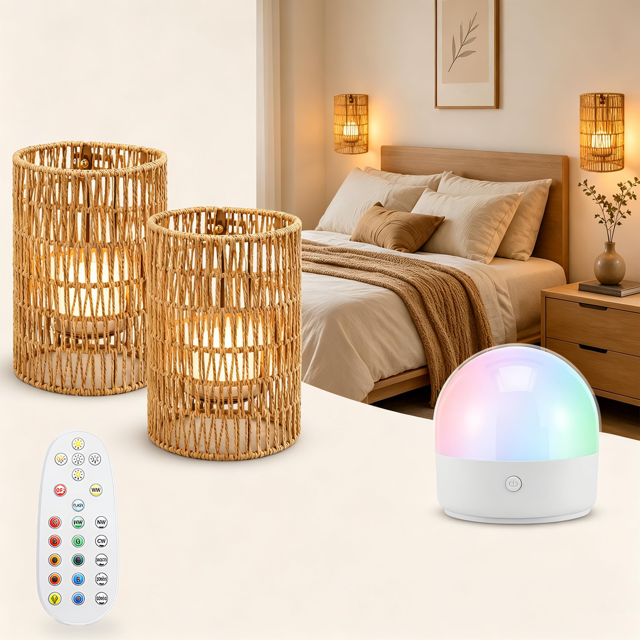 Lot de 2 appliques murales d'intérieur en rotin - Avec batterie - Connexion d'alimentation - RVB - Intensité variable - Avec télécommande - 3 modes de planification - Lampe de chevet en rotin - Pour