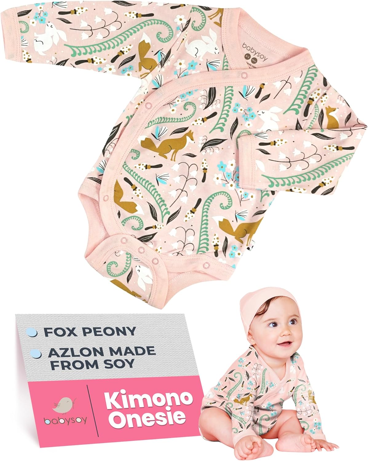 Babysoy Organic Baby Newborn Long Sleeve Pattern Kimono Wrap Around Side Snap Bodysuit/Onesie for Unisex Infants