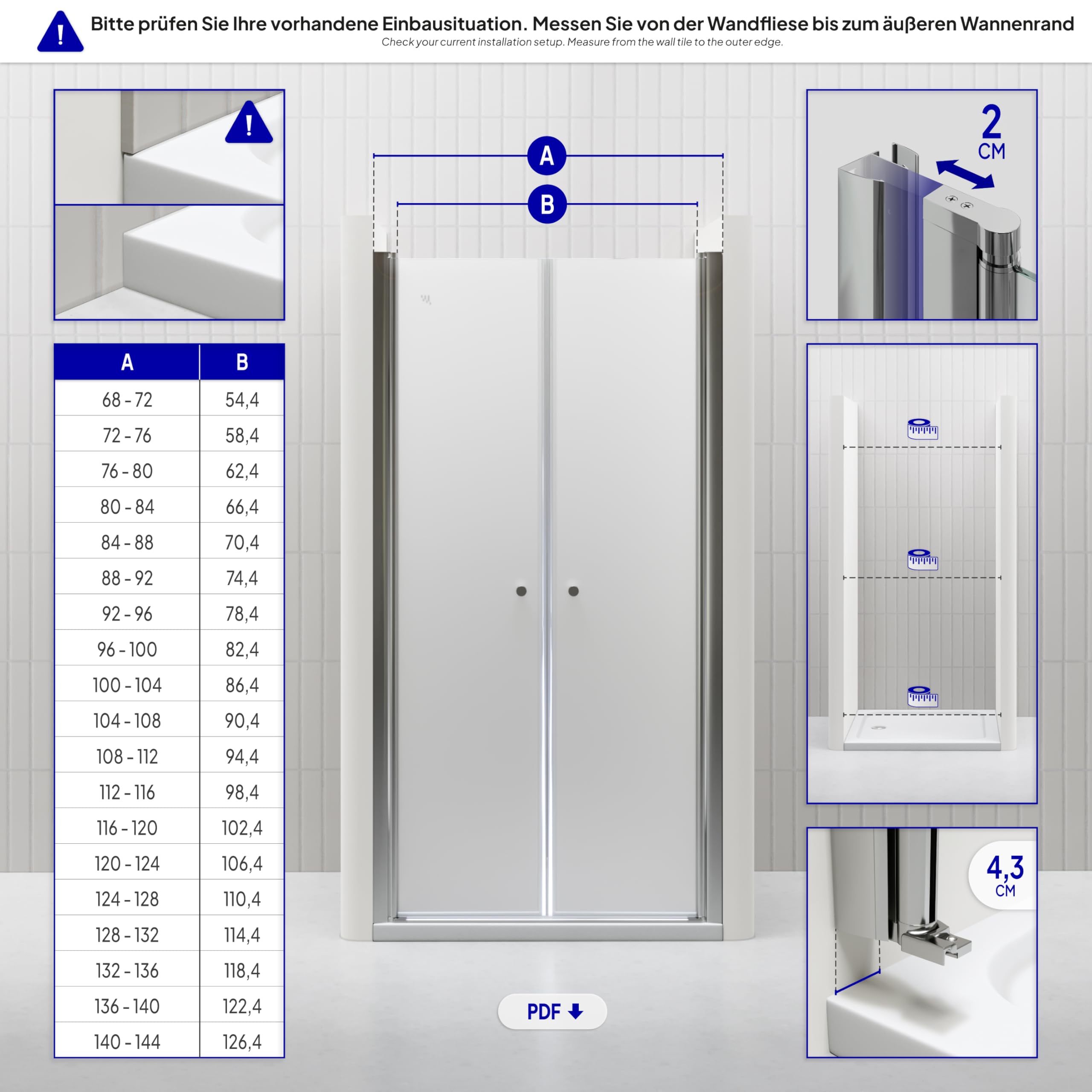 i-flair LIMA Duschtür 76x180 cm Nischentür mit Pendeltüren Satiniert, Verstellbereich 76-80 cm – 6 mm ESG Sicherheitsglas, Nanobeschichtung, Hebe-Senkmechanismus - DTF