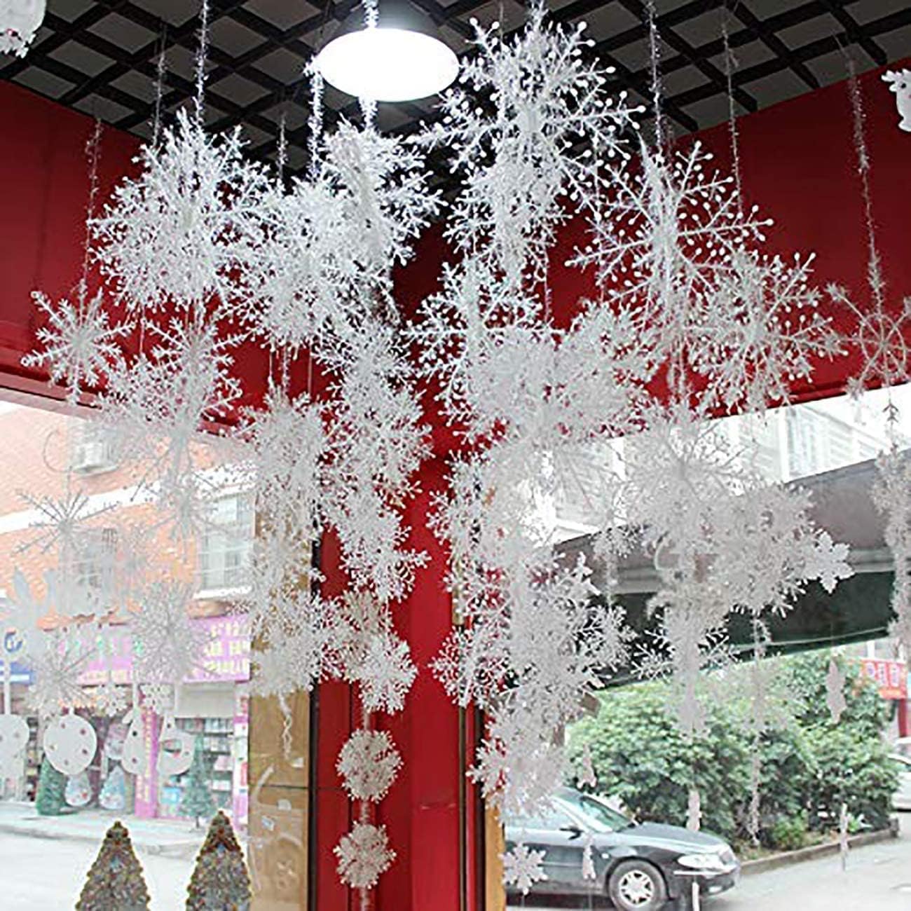 Christmas Snowflake Ornament, 5 Sizes 60PCS White Christmas Snowflake Hanging Garland Flags For New Year Wedding, Hanging Drops With 48 Meters White Strings For Home Shopping Mall Decor