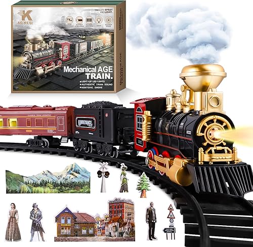 Train Set - Electric Train Toy for Boys Girls with Smoke Lights Sound Railway Kits with Steam Locomotive Engine 4pcs Train Carriages and Tracks