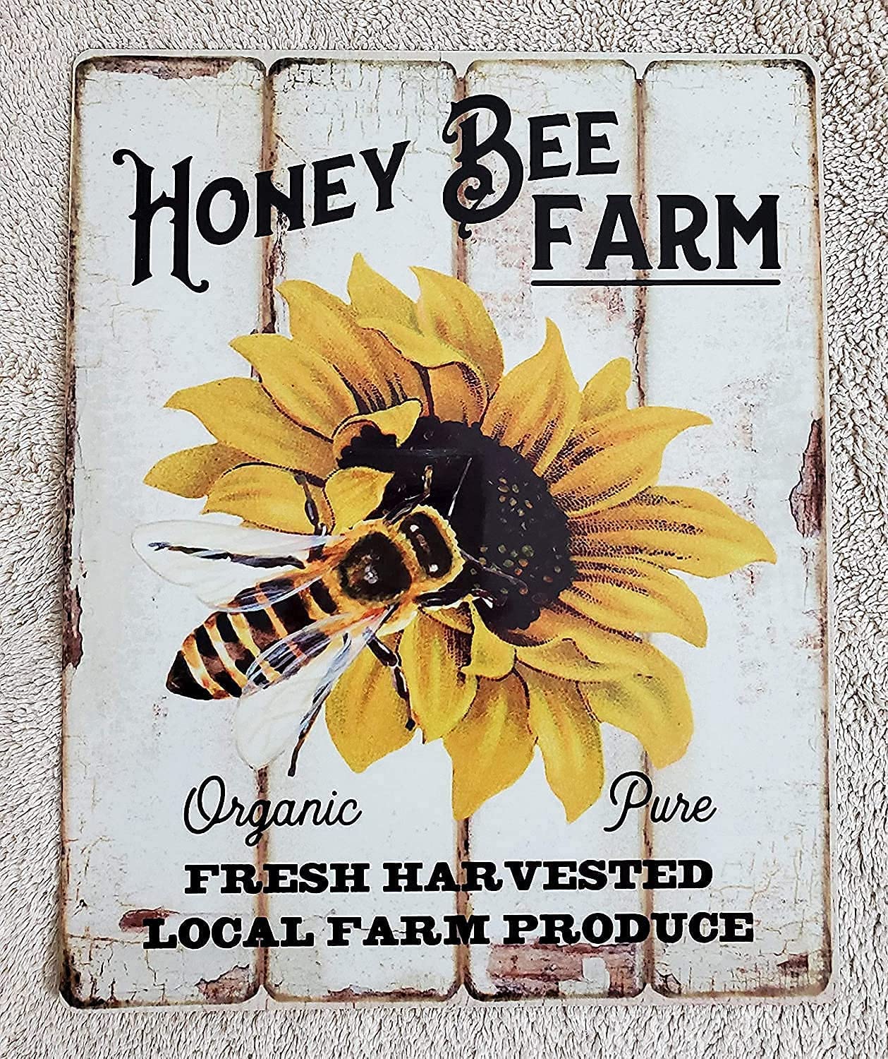Bees And Sunflowers Metal Tin Sign Honey Bee Farm Fresh Harvested Local Farm Produce Retro Poster Wall DecorGarden Decorative Plaque Farmhouse Country Home Poster Painting 12x16 Inch
