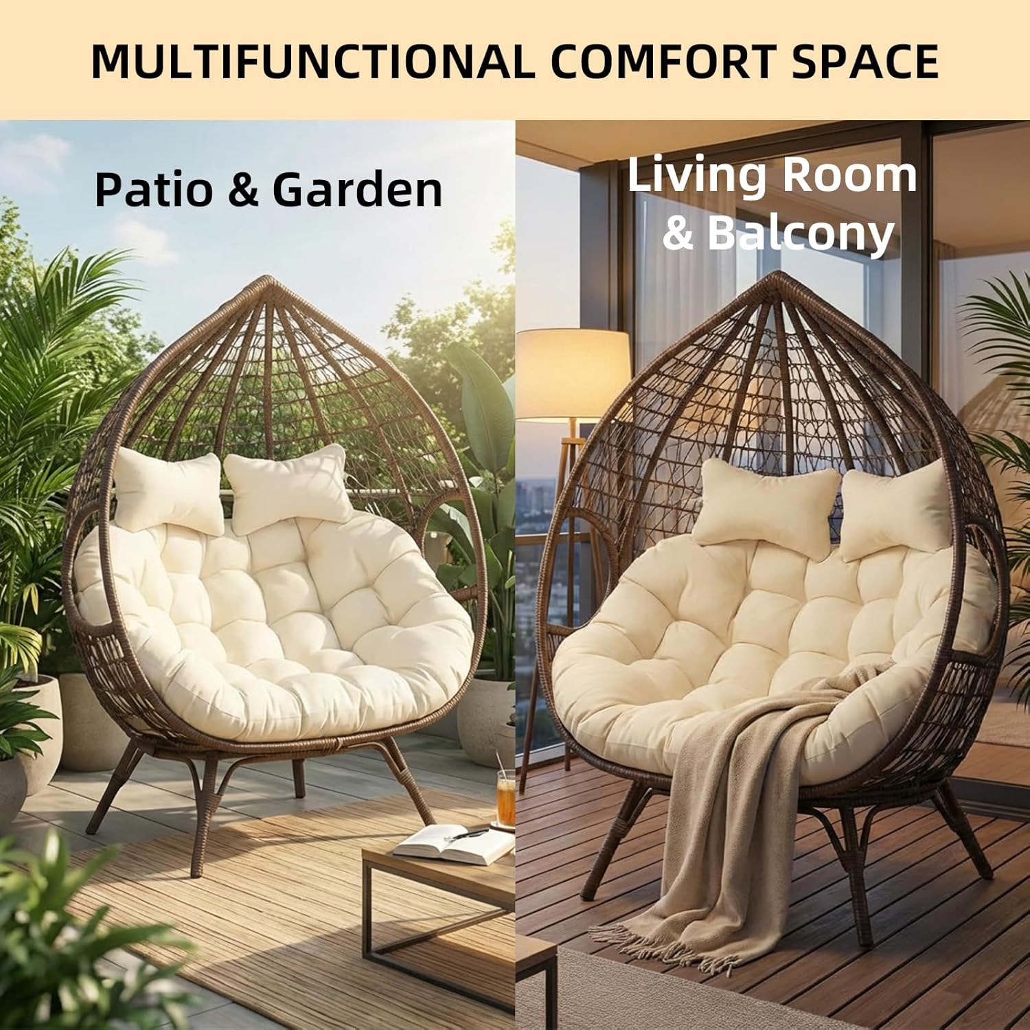 Outdoor Double Egg Chair Cushion, 2-Seater Hanging Egg Chair Cushion with 2 Detachable Pillows, for Indoor and Outdoor Hammock Chair, Patio Swing Chair, Only Cushion (Beige, 59 * 43 * 6in)