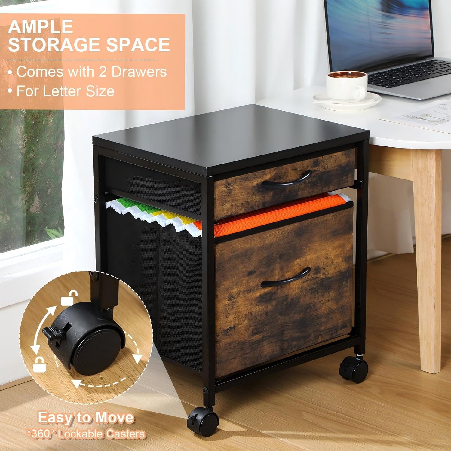 Rolling Mobile File Cabinet Cart with 2 Fabric Drawers A4 Letter Size Beside, Vertical Filing Cabinet on Lockable Wheels, Mobile Printer Stand Storage Under Desk for Home Office(Rustic Brown)