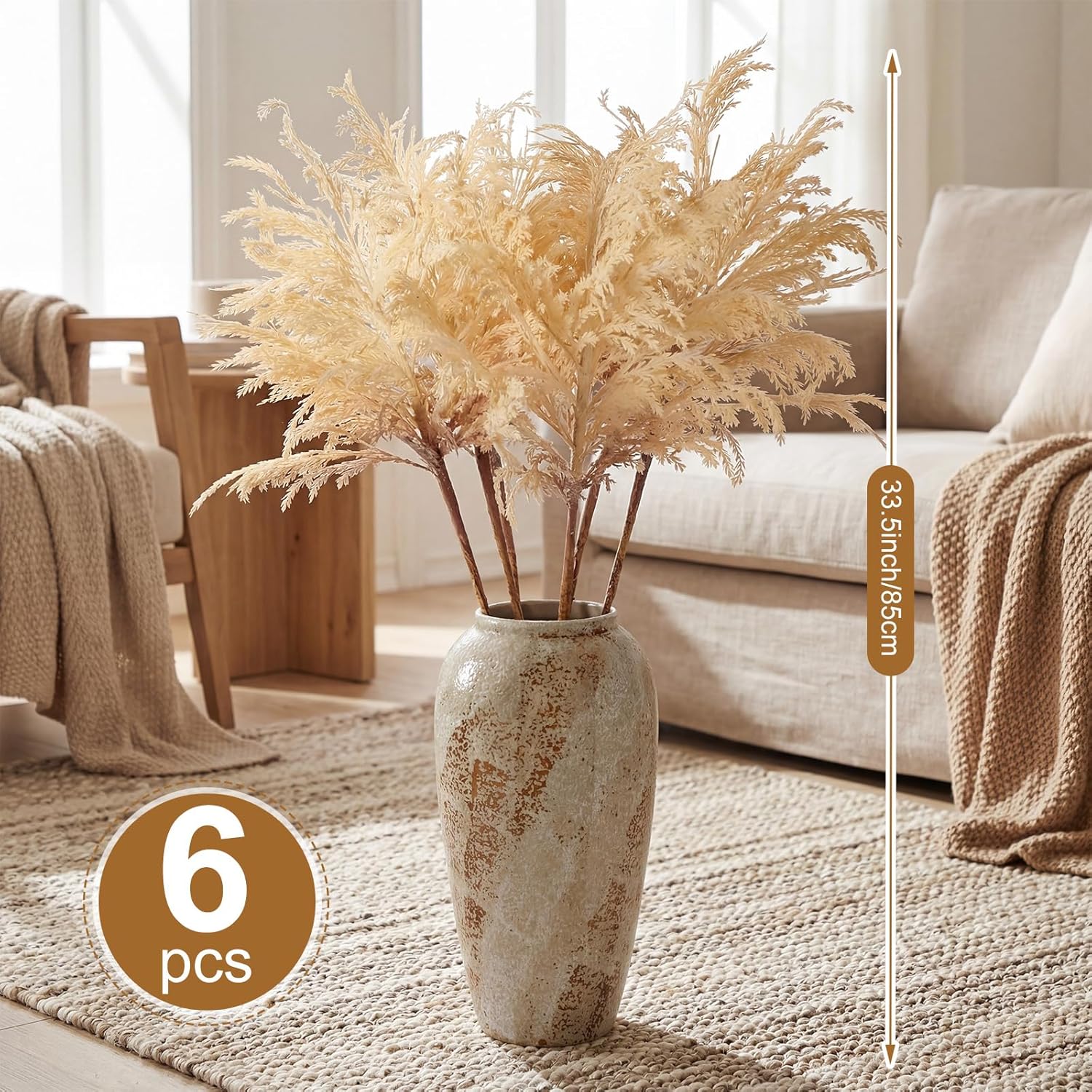 Giegxin 6 Pcs 33.5 Inch Artificial Pampas Grass Branches Faux Leaf Spray Pampas Grass Branches Artificial Stems Fake Plants Stems for Home Office Vase Filler Wedding Party Decoration Centerpiece