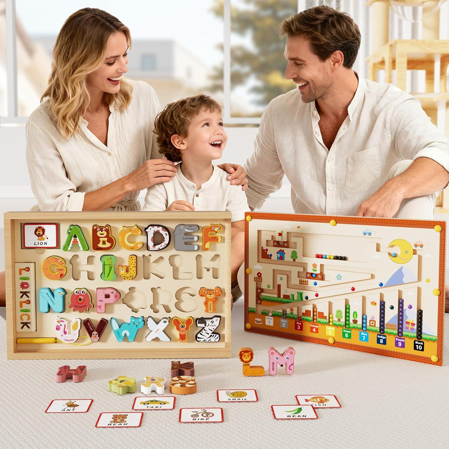 Wooden Montessori Toys with Storage Box for 3-5 Year Old, 4 IN 1 Toddlers Educational Learning Toy- Magnetic Color and Number Maze, Alphabet Puzzles, Drawing Board Perfect for Kids Boys Girls