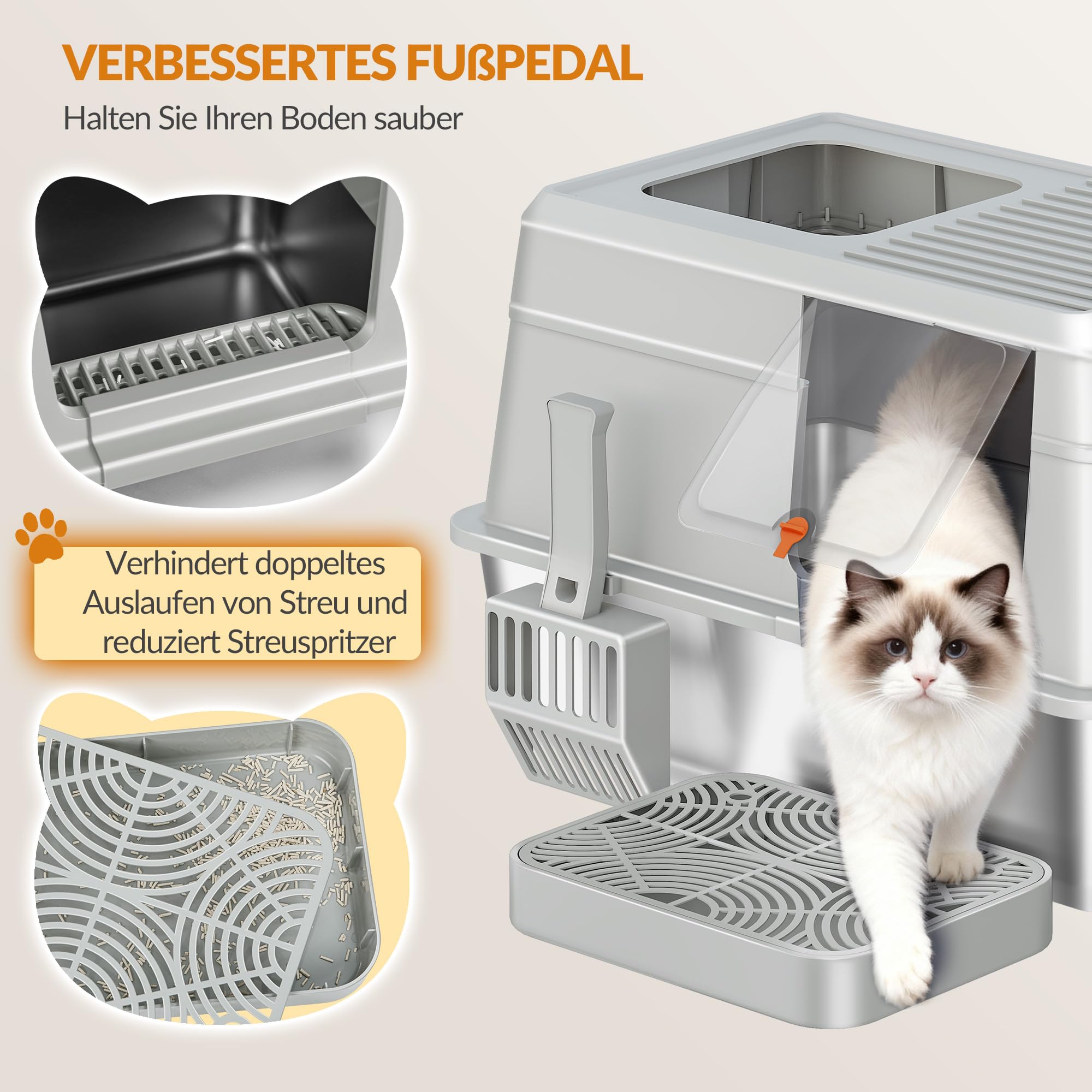 Edelstahl Katzenklo, XXL Geschlossene Katzentoilette, Hellgrau | Katzentoilette mit Deckel, Inklusive Trittstufe und Schaufel, Leicht zu Reinigen, Zwei Eingänge, Herausnehmbar FPLB204SG1