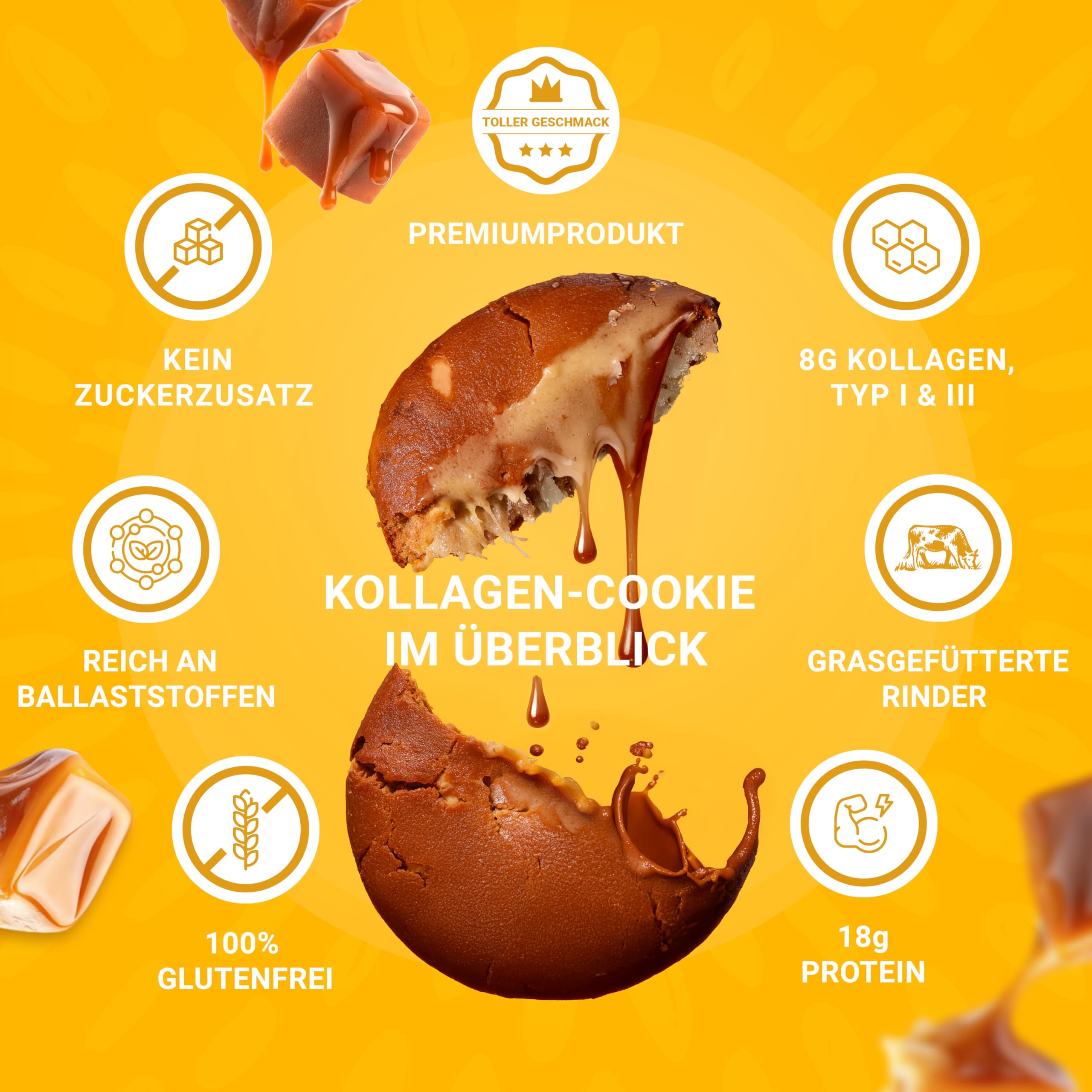 RiceUP! Eat Smart Weicher Protein Keks mit Kollagen – Toffee-Caramel-Geschmack, 10 x 60g | 8g Kollagen-Peptide (Typ I+III), 18g Protein, ohne Zuckerzusatz | GLUTENFREI (10 x 60g, Toffee)