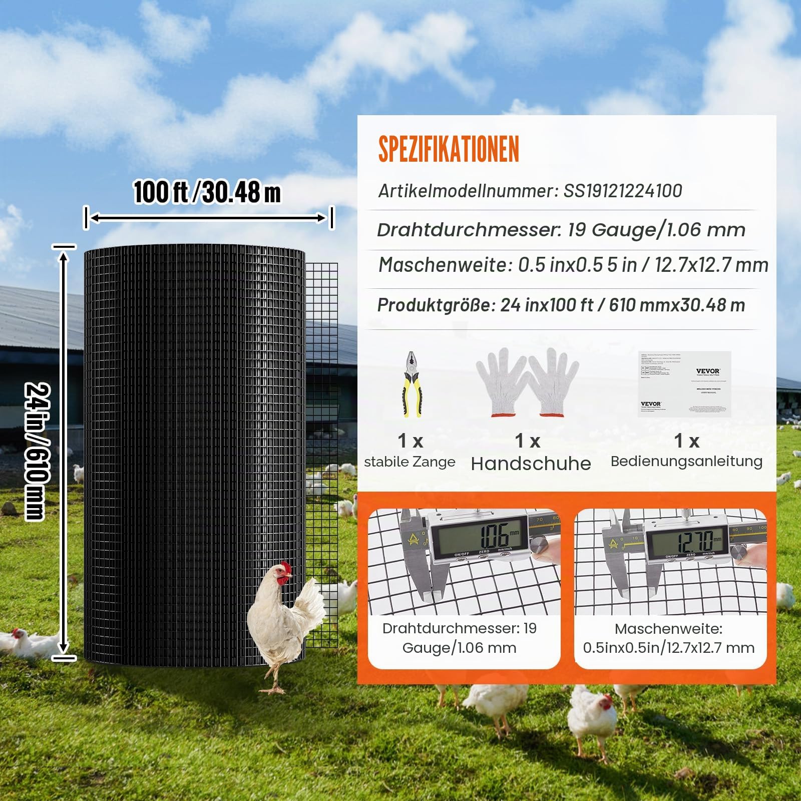 VEVOR Volierendraht 61 x 3048 cm, Gartenzaun, 1,06 mm Maschendrahtzaunrolle, Vinylbeschichtetes Drahtzaun für Hühnerstallbarrieren, Kaninchen- und Schlangenzäune, Geflügelgehege