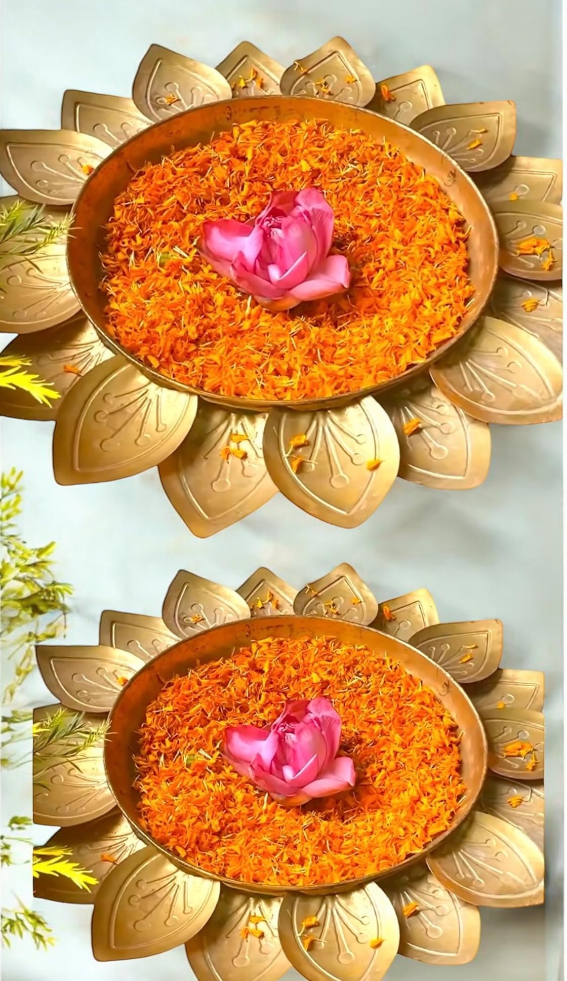 Designer Lotus Petals Urli Bowl Flower Handcrafted Golden Metal Bowl for Floating Flowers Candles Tealight Holder Brass Indian Decor Festive Floral Diwali Decoration Items for Home (16+16 inch)