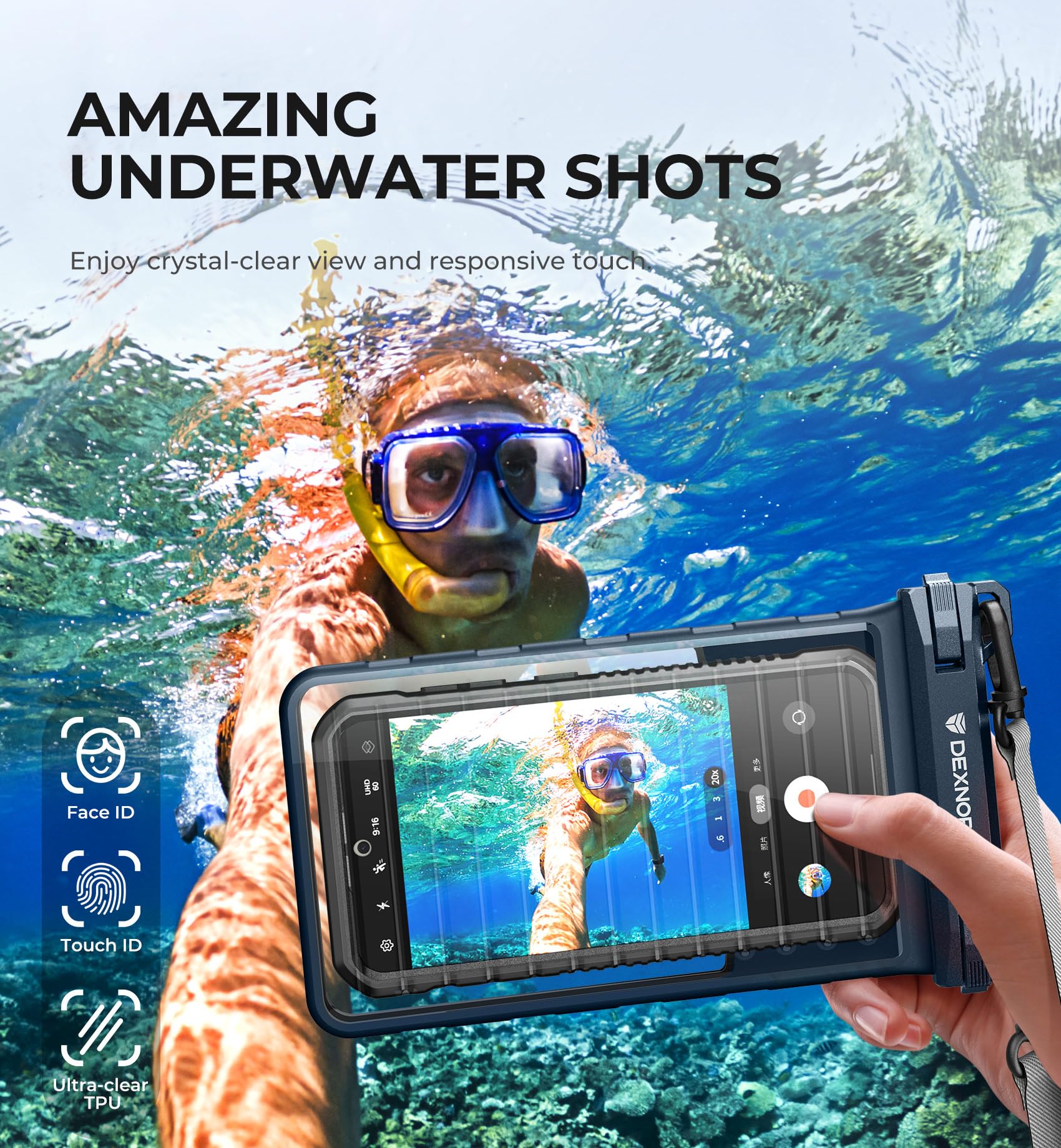 Custodia Impermeabile IP68 Con Bluetooth Per Telefono – Fino A 20m, Anti-Appannamento, Per Snorkeling – Adatta A Smartphone ≤ 6.9 Pollici