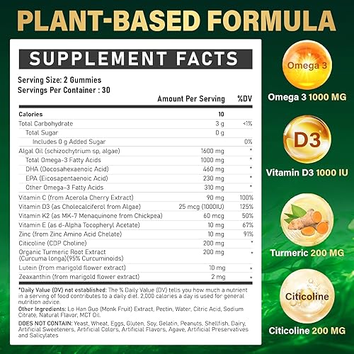 Miniatura 2 de Gomitas de suplemento Omega-3 para mujeres y hombres  1000 mg de Omega3 DHA y EPA vegano con cúrcuma, vitamina D3, K2, citicolina para la salud