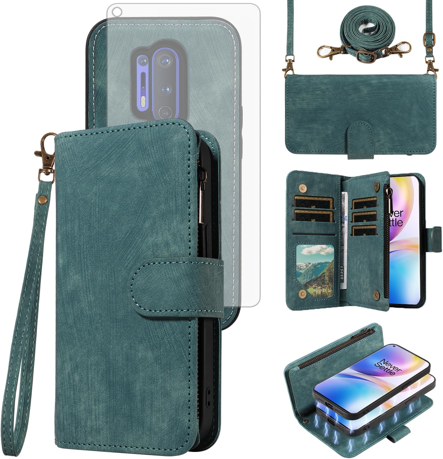 – Asuwish Phone Case for OnePlus 8 Pro One Plus 8Pro 5G Zipper Wallet Detachable Cover with Tempered Glass Screen Protector Crossbody Lanyard Strap Card Holder On 1Plus 1 + Plus8 1+ Women Blue