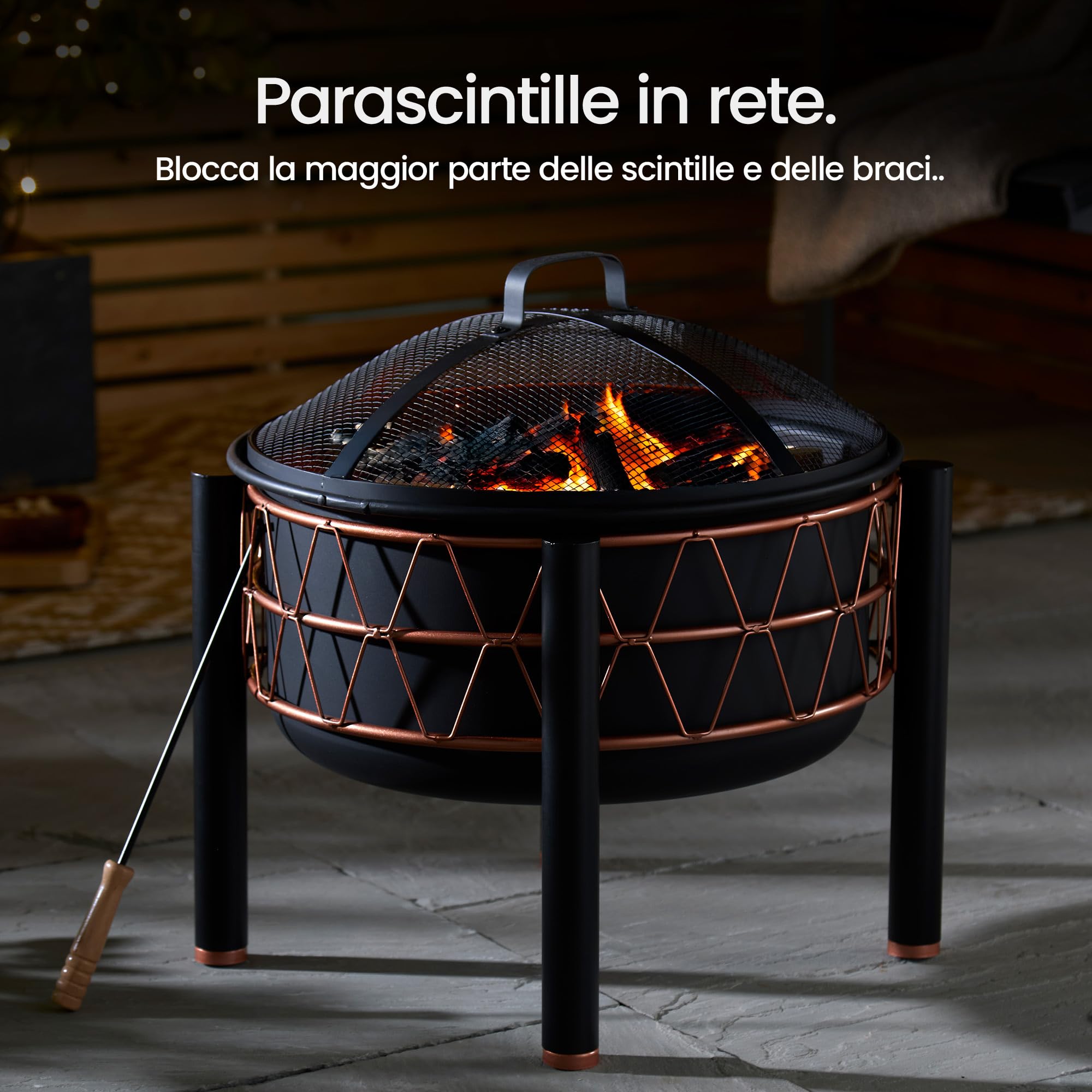 VonHaus Braciere – 2-in-1 con Griglia BBQ per esterni, giardino e patio, in acciaio nero con dettaglio rame, con attizzatoio e coperchio in rete inclusi, legna o carbone