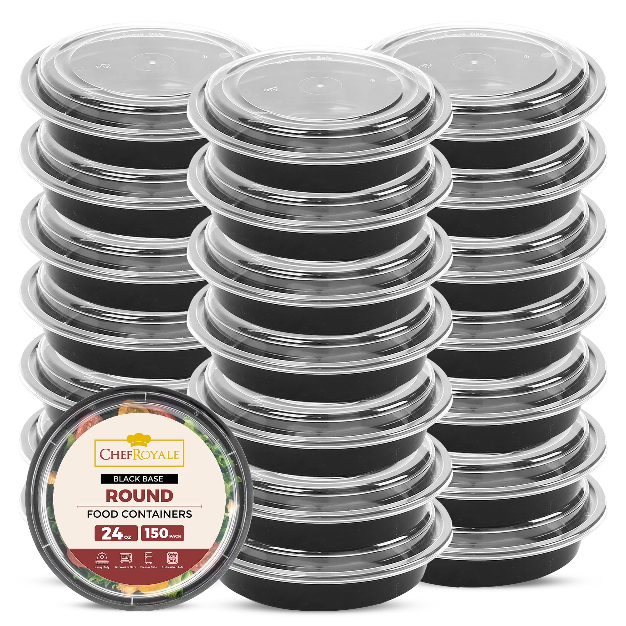 CHEF ROYALE 150x 24oz Round Meal Prep Containers with Lids Reusable Food Containers with Airtight Lids - Microwave & Dishwasher Safe - BPA Free Stackable Lunch Boxes (150, 24oz)