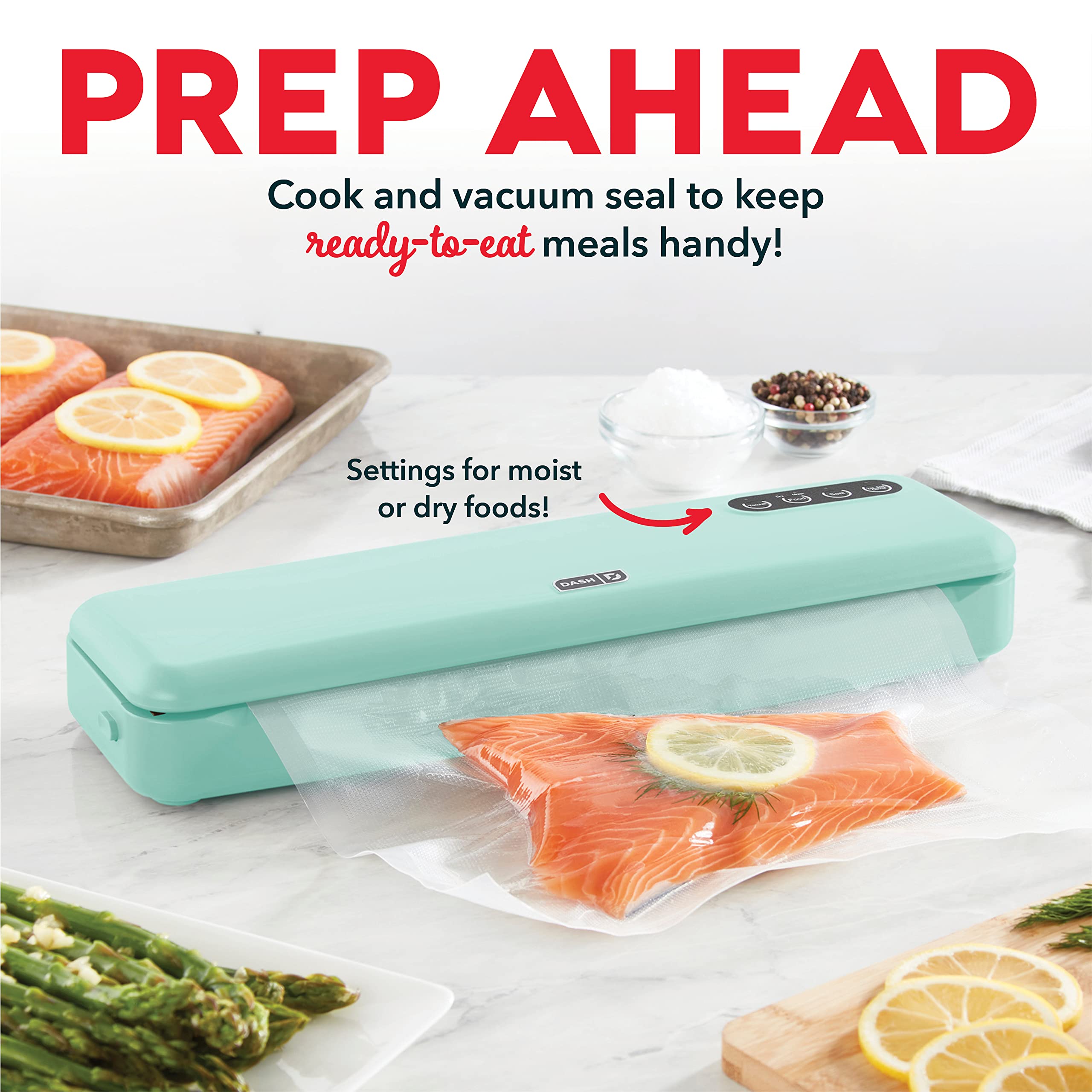 DASH SuperSeal™ sellador al vacío para almacenamiento de alimentos y Sous Vide, perfecto para preservar ingredientes frescos, bolsas y cortador incluidos - Aqua