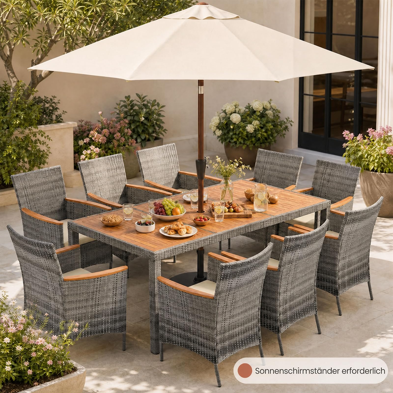 SOARS Salotto da Giardino Esterno, Set Mobili da Esterno in Rattan e Legno Massello con 8 Poltrone, Tavolo da Pranzo con Foro per Ombrellone da 5 cm e Cuscini Morbidi per Terrazzo, Bordo Piscina