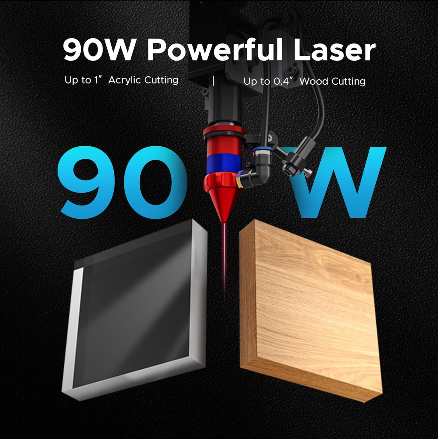 Graphic illustrating the 90W laser power, showing cutting capabilities for up to 1 inch acrylic and 0.4 inch wood.