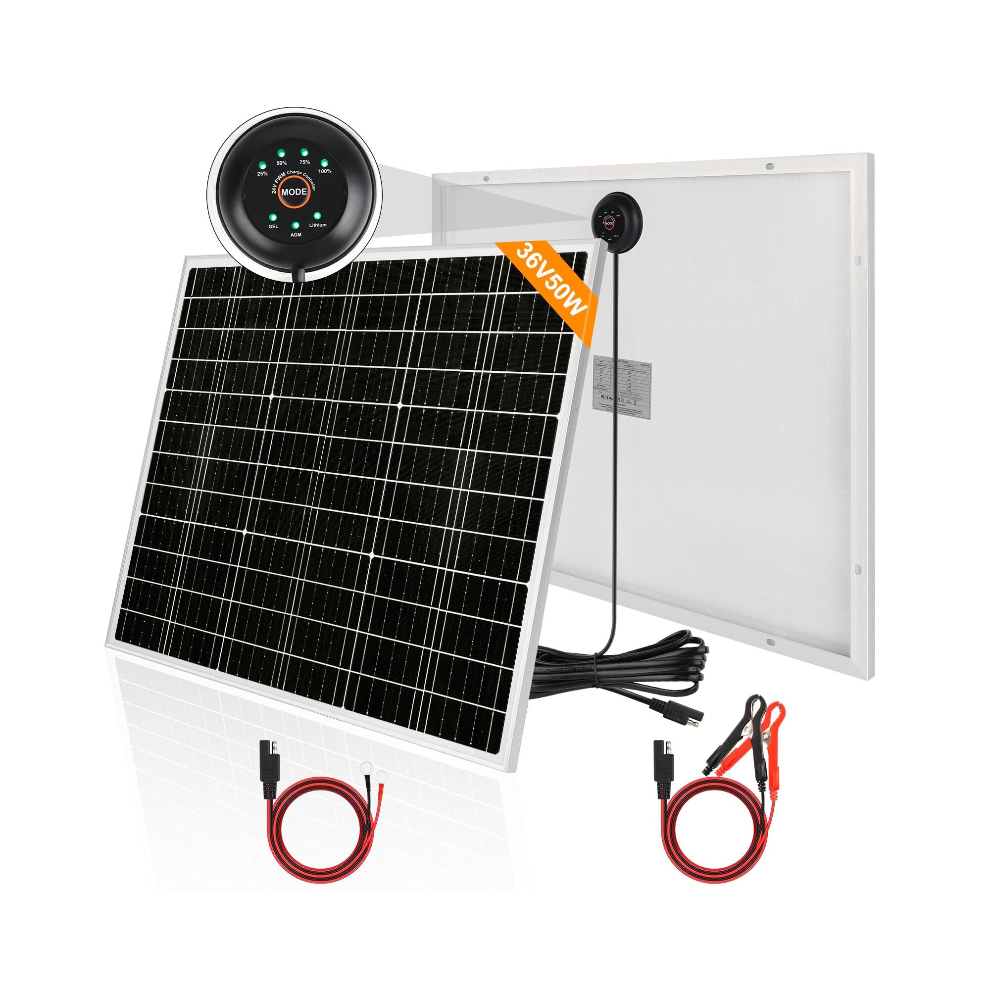 【50W 36V Panel Solar Kit】DERUXI Placa Solar 50 W Kit:Mono Cargador Solar 50W con Integrado Controlador de Carga PWM 6A+2 Pare de Cable SAE,PV Placas Solare Camper para Baterías GEL, AGM, LiFePO₄ 24V