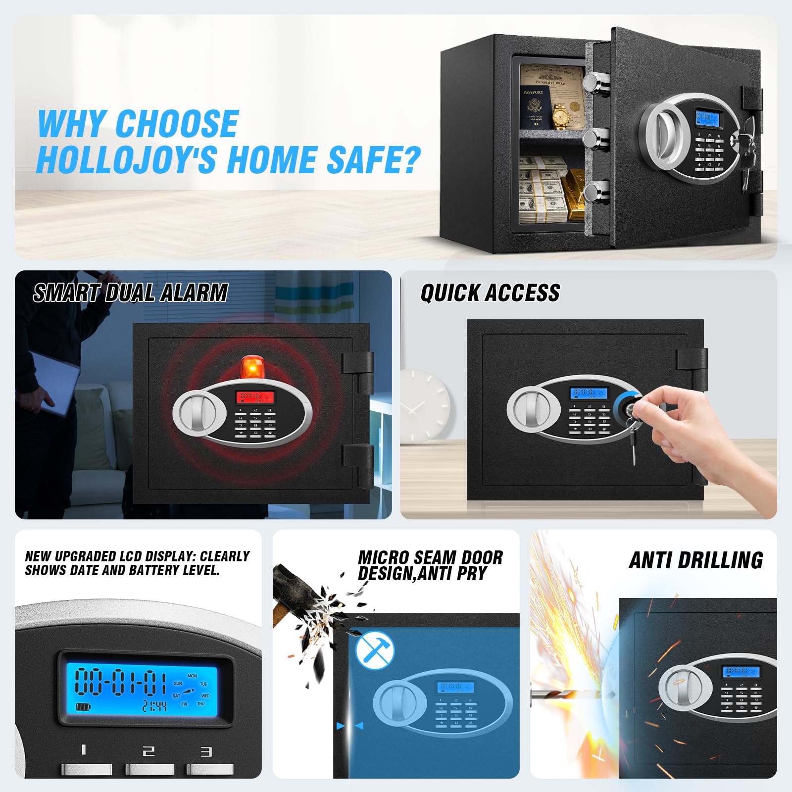 Cassetta di sicurezza alta 11,81 cm, impermeabile, resistente al fuoco, in acciaio, resistente con display LCD, tastiera elettronica digitale e serratura a combinazione, cassaforte personale per