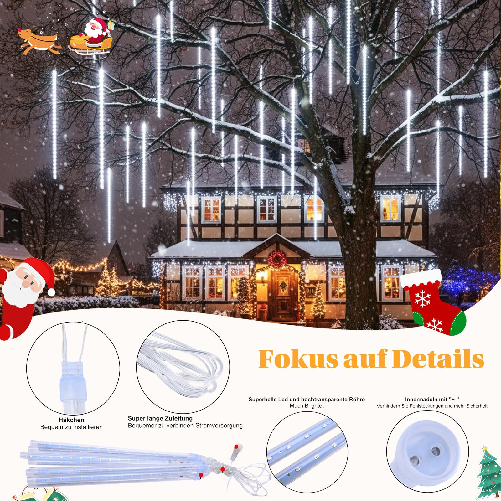 Meteorschauer Lichterkette Außen, 576LEDs 24 Röhren Outdoor Fallende Lichterregen 30cm, IP65 Wasserdicht Weihnachtsbeleuchtung für Balkon Traufe Dach Baum Deko,Weiß(3 Sätzen von 8er-Röhren)
