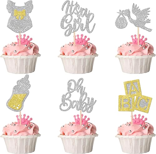 30 piezas de decoración de cupcakes para baby shower, vestido con lazo con purpurina, biberón para cupcakes "It's a Girl", decoración de pasteles