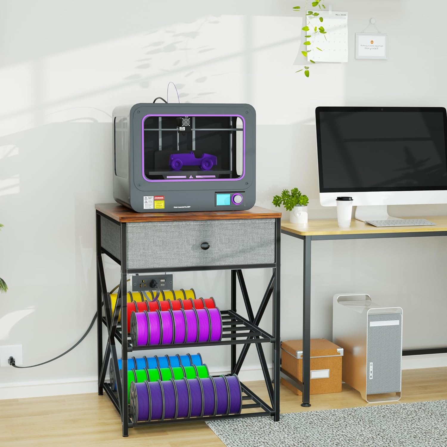 DALEHMOME 3D Printer Stand with Storage, 3D Printer Table with Power Outlet, Sturdy Metal Frame Workstation with Fabric Drawer for 3D Printing, Rustic Brown, 23.6" L x 23.6" W x 31.5" H