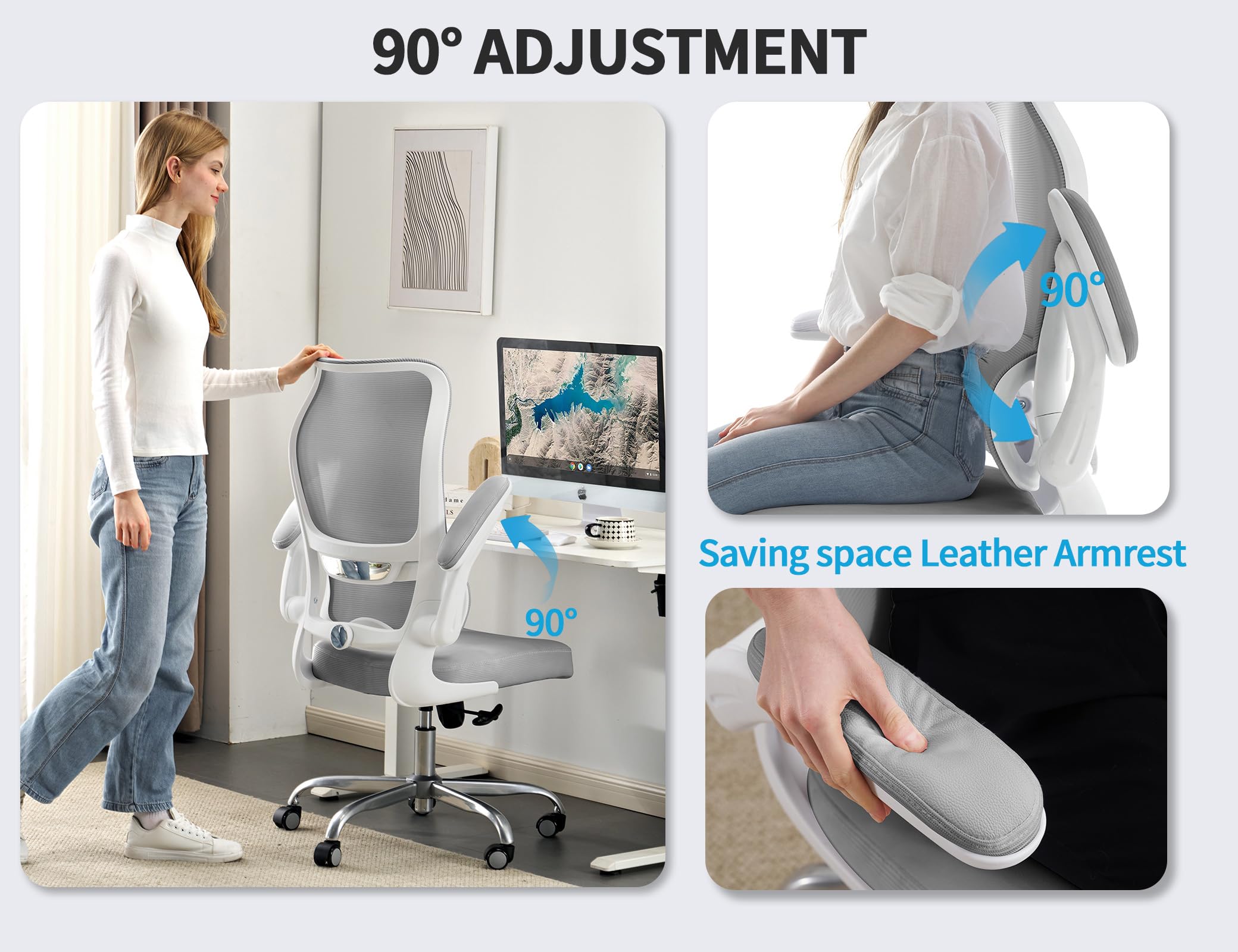 TRALT Ergonomic Office Chair - Desk Chair with Wave High Back Adjustable Lumbar Support Computer Chair - Gaming Chairs Mesh Backrest and PU Leather Seat for Home Reading Chairs to Adults(Grey)