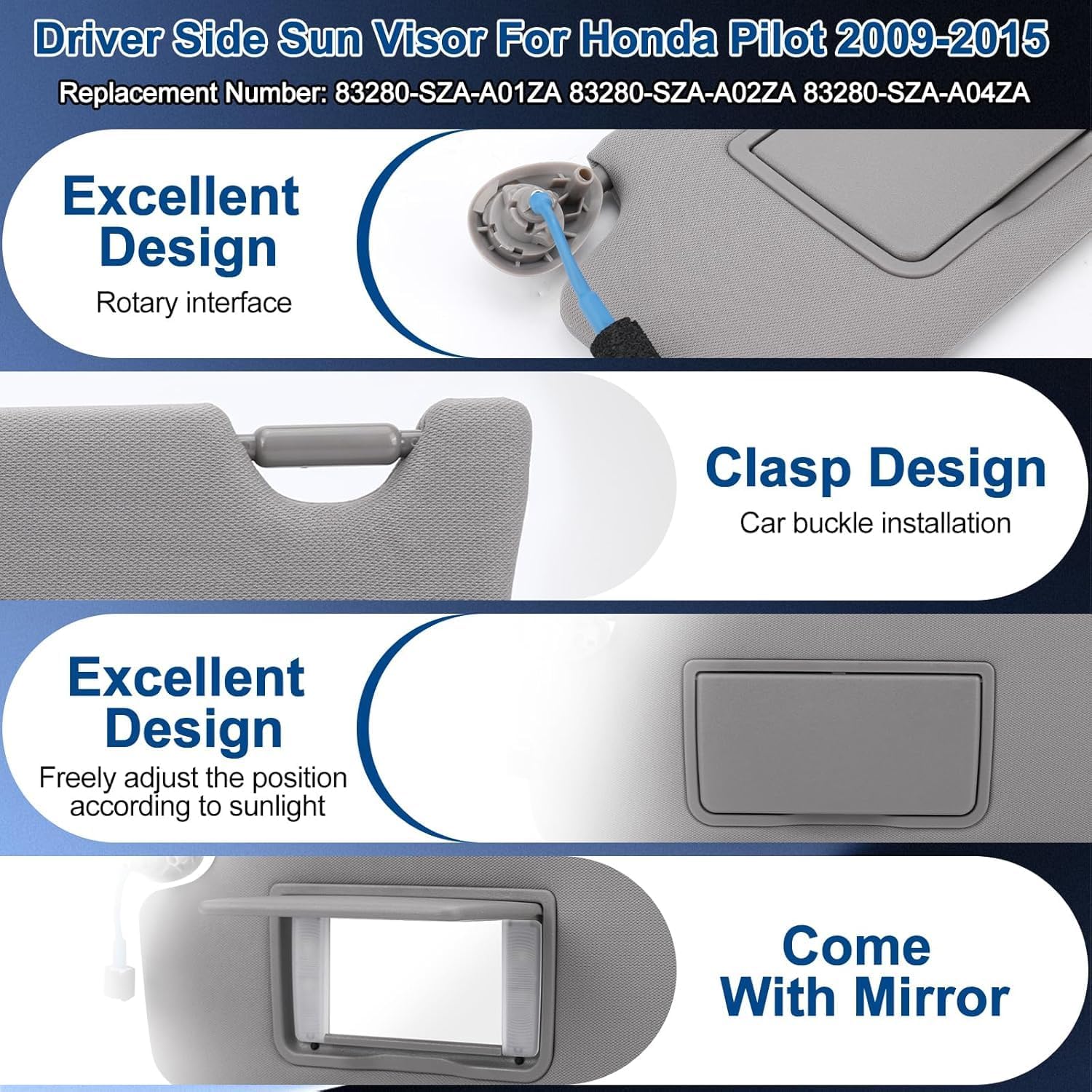 Left Driver Side Sun Visor Compatible with Honda Pilot 2009 2010 2011 2012 2013 2014 2015, Gray Sunvisor with Vanity Light/with Makeup Mirror Replace 83280-SZA-A01ZA