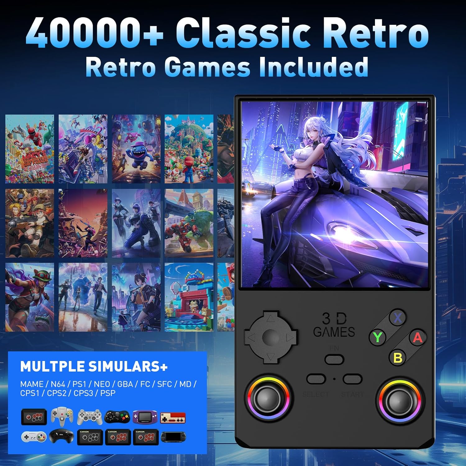 Hugawello R40 MAX Handheld Device, 40000 in 1 high-Definition Gaming mini Retro Video Console, 4-inch IPS Screen, 256GB RAM, 45 Built-in emulators, 3800mAh Battery (Black 256GB)