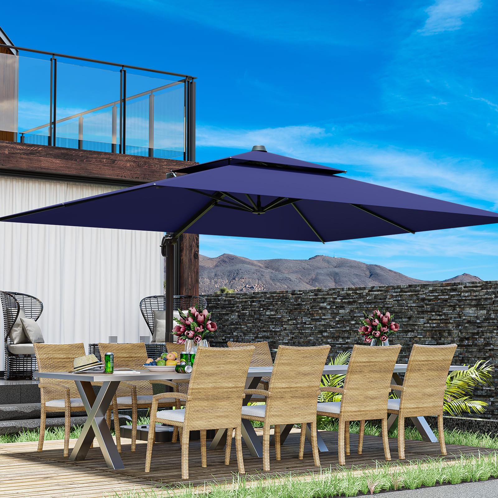Condition photo showing New/Like New for 10x13ft cantilever outdoor patio umbrellas, double top large rectangle umbrella, heavy duty 360° rotation offset outdoor sun shade umbrella for garden deck pool backyard patio, navy blue