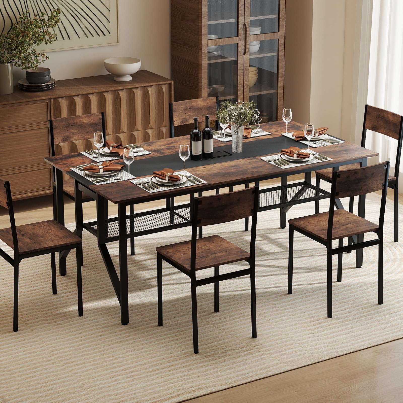COSTWAY Table de Conférence pour 8 Personnes, Table de Réunion Rectangulaire avec Étagère de Rangement en Maille et Passe-câble, Bureau de Séminaire Industrielle avec Cadre Métallique pour Bureau