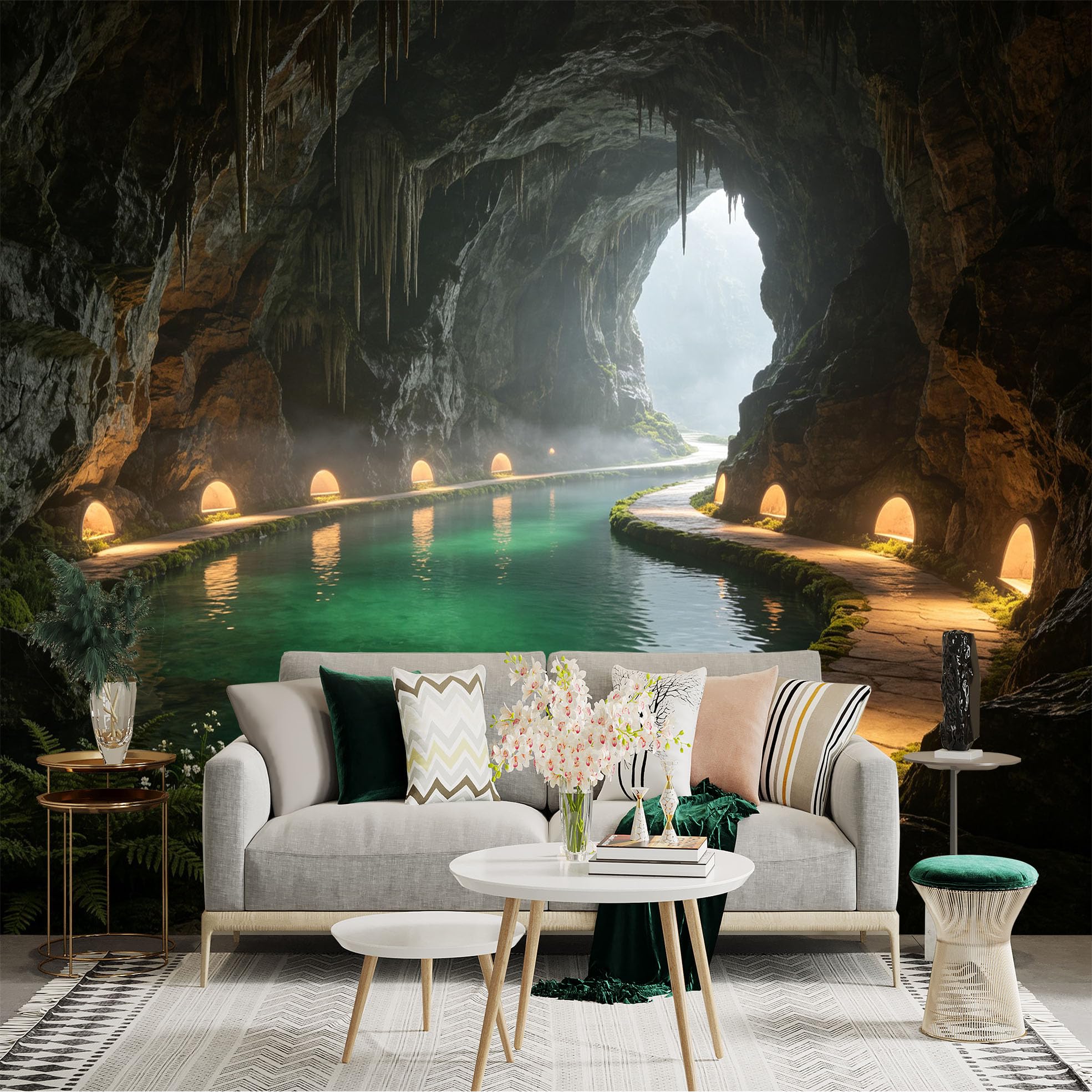 Custom Size Wall Sticker Mural， Mysterious Limestone Cave with Underground River and Glowing Stone Path， for wall Decoration， peelandstick wall Decals.