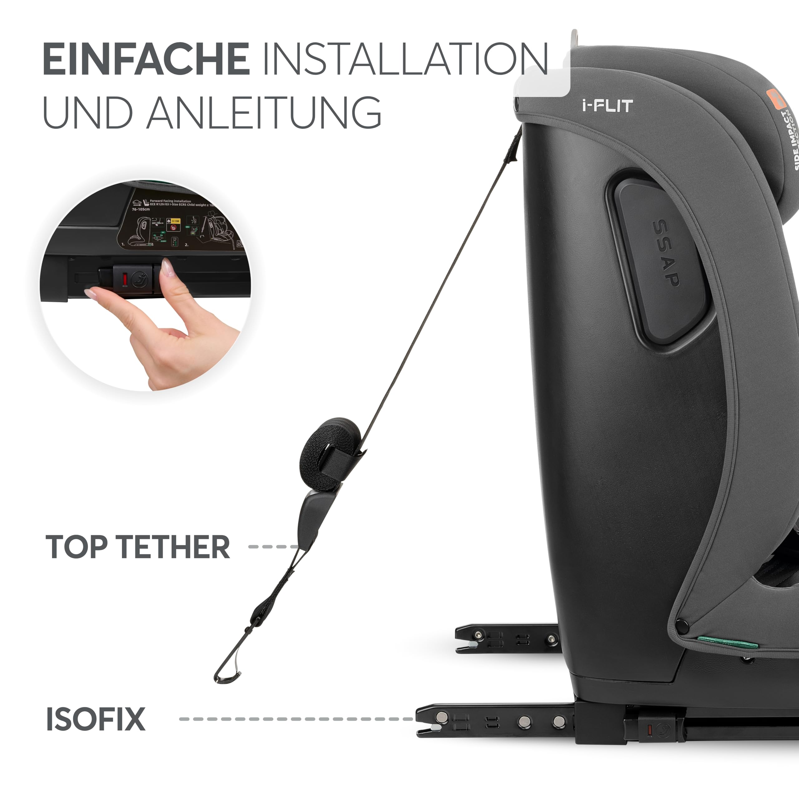 KikkaBoo i-Size i-­FLIT, Kindersitz 9-36 kg ISOFIX, Autokindersitz 76-150 cm, Gruppe 1/2/3, 15 Monate bis 12 Jahre, SPS Seitenschutz, Top Tether, Verstellbare Kopfstütze, Hellgrau
