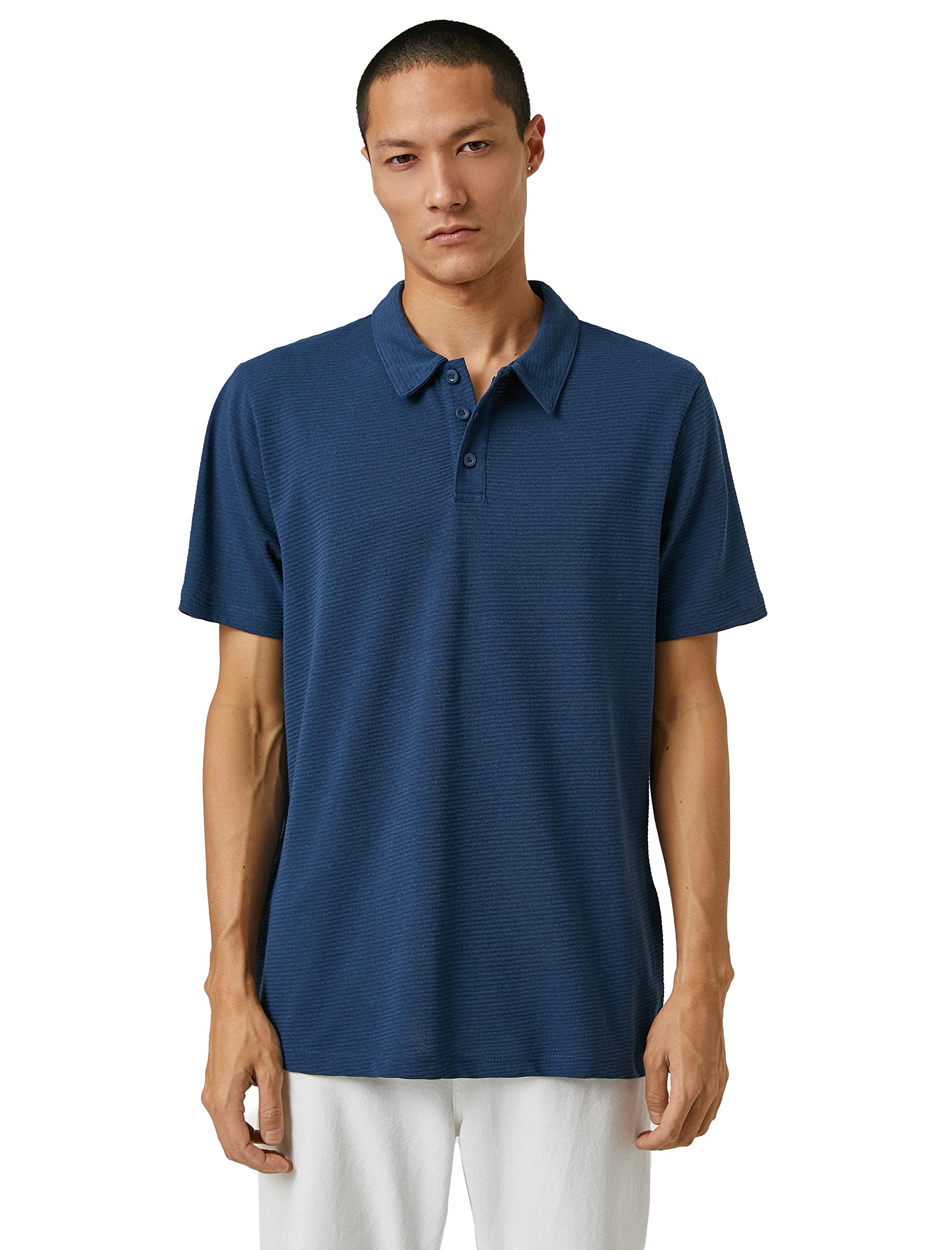 Koton Men's Indigo (In3) Basic T-Shirt Polo Neck Buttoned, Medium