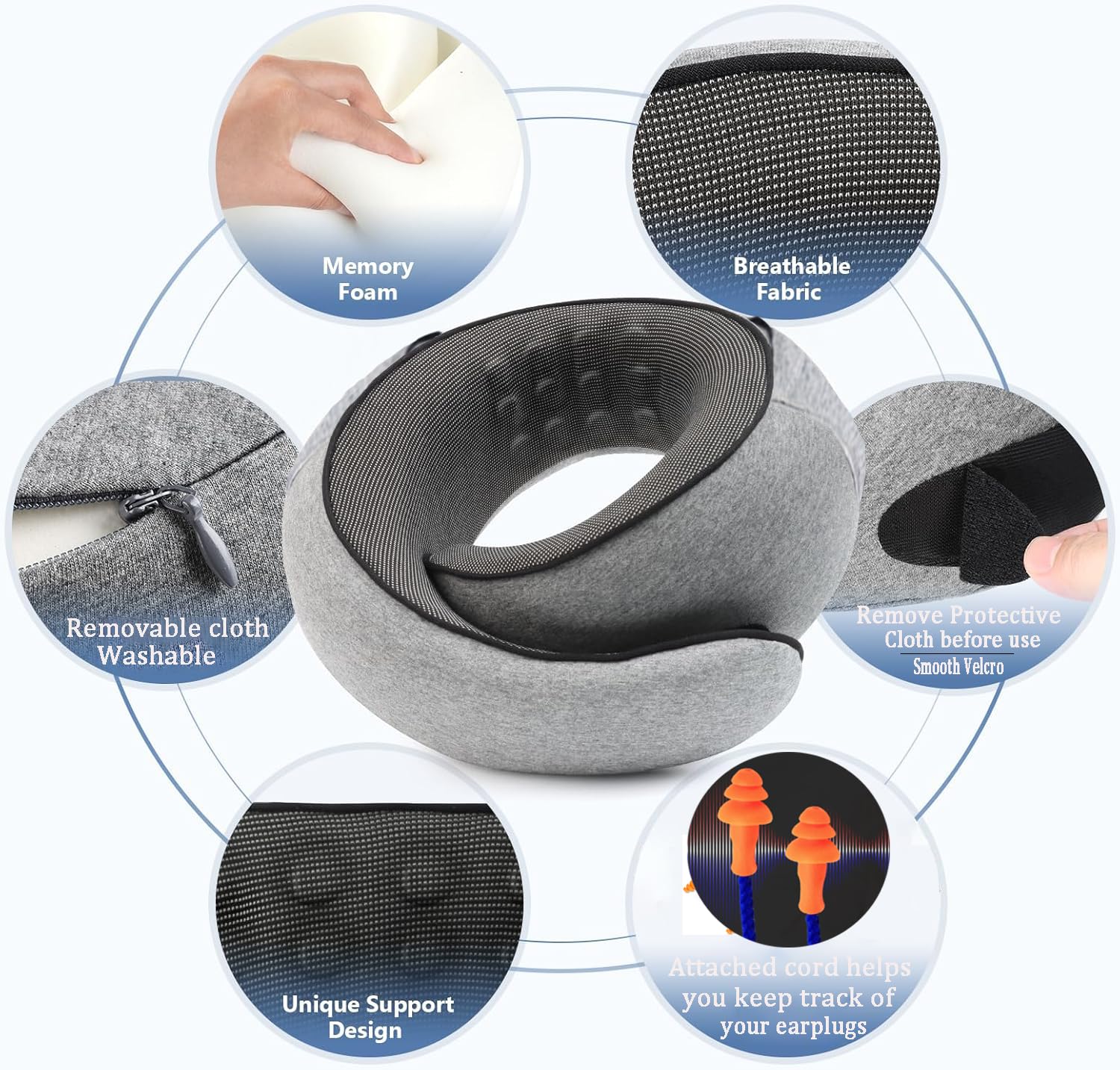 Almohada de Viaje, Almohada de Cuello para avión con Capucha, Soporte de Espuma viscoelástica de 360°, Funda Lavable para Coches, Tren y Oficina (Gris)