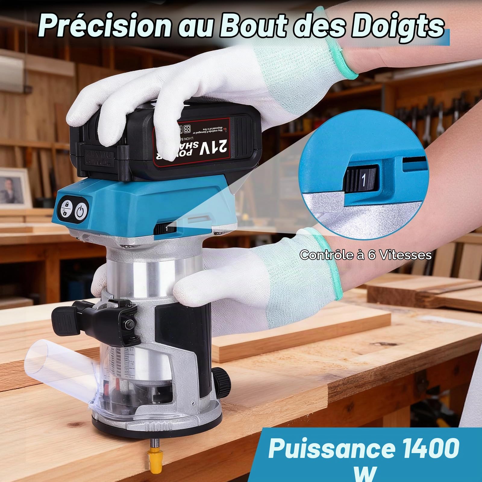 Défonceuse à Bois Sans Fil 21V – Affleureuse Brushless avec 2 Batteries 4.0Ah, 6 Vitesses, 30000 tr/min, 6 Fraises 1/4", Outil Électrique Polyvalent pour Menuiserie et Bricolage