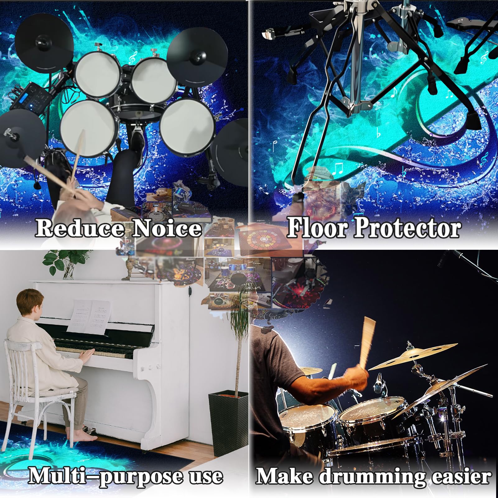 Tappeto Drum, Tappeto Batteria, Tappetino Antiscivolo Insonorizzato, Tappeto a Tamburo, Tappetino per Batteria Elettronica, Drum Carpet per Batteria Elettronica Grancassa Rullante 120 x 100 cm