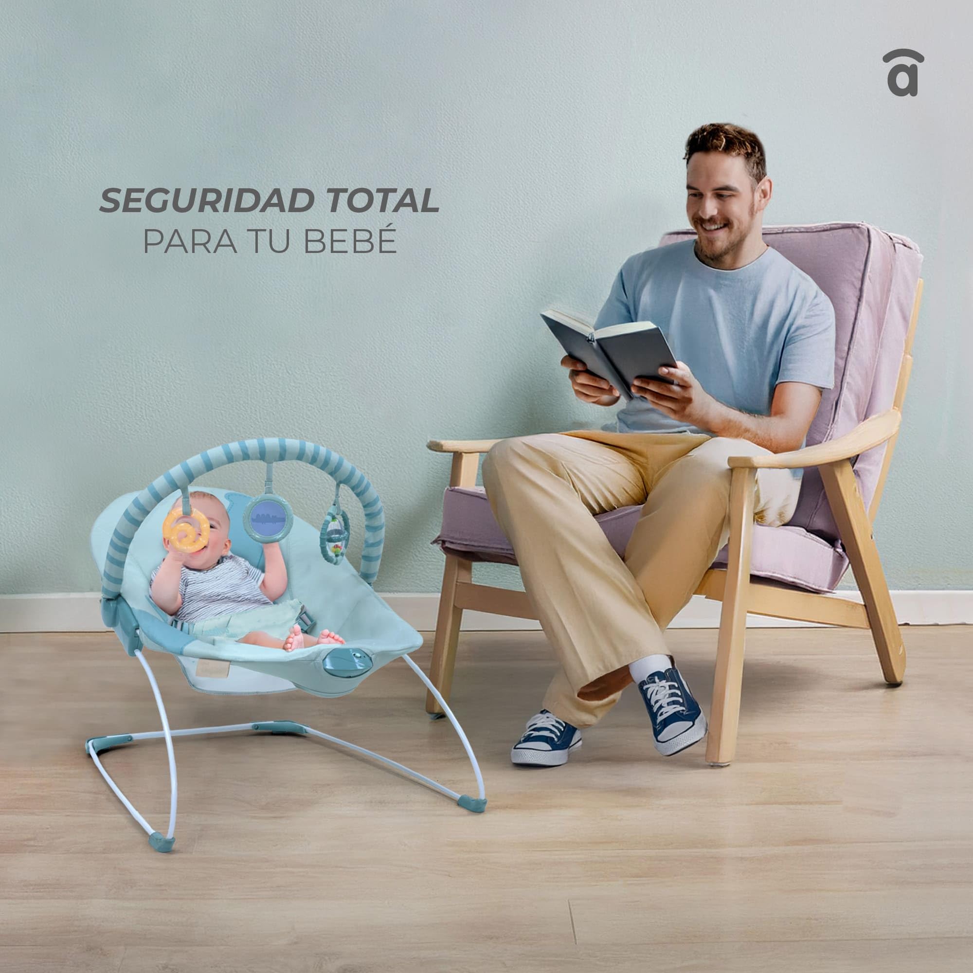 Asalvo MUMMY Hamaquita Musical desde el nacimiento, Balancín para bebés, Plegado Compacto, Reclinable con una sola mano, Movimiento natural, Arco con juguetes, Fácil de limpiar, Hippo Gris