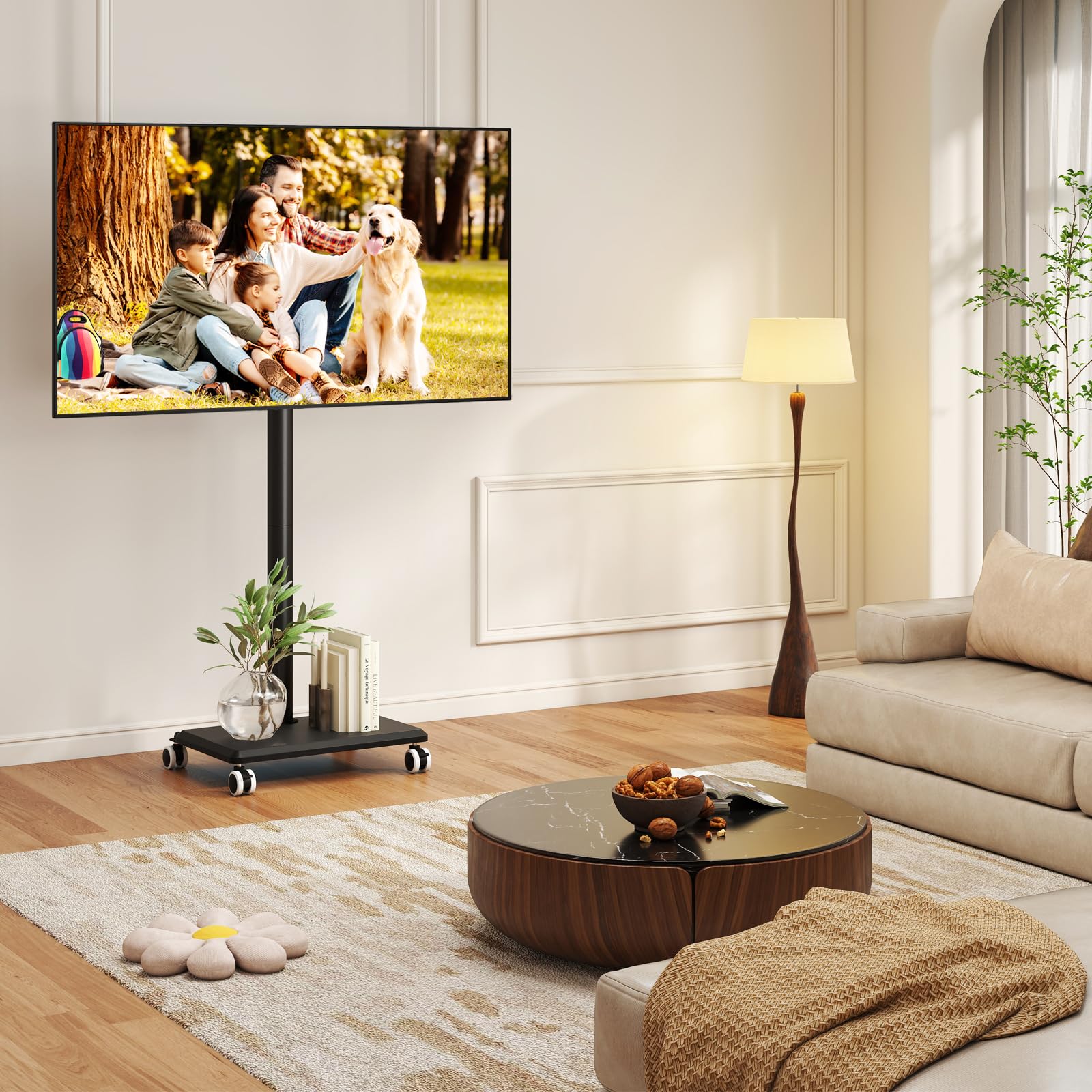 5Rcom Carrello Porta TV con Ruote per TV da 27-55 Pollici, Supporto TV da Pavimento Regolabile in Altezza e Girevole con Base in Legno - VESA Max 400x400mm, Portata Massima 30kg (Nero)