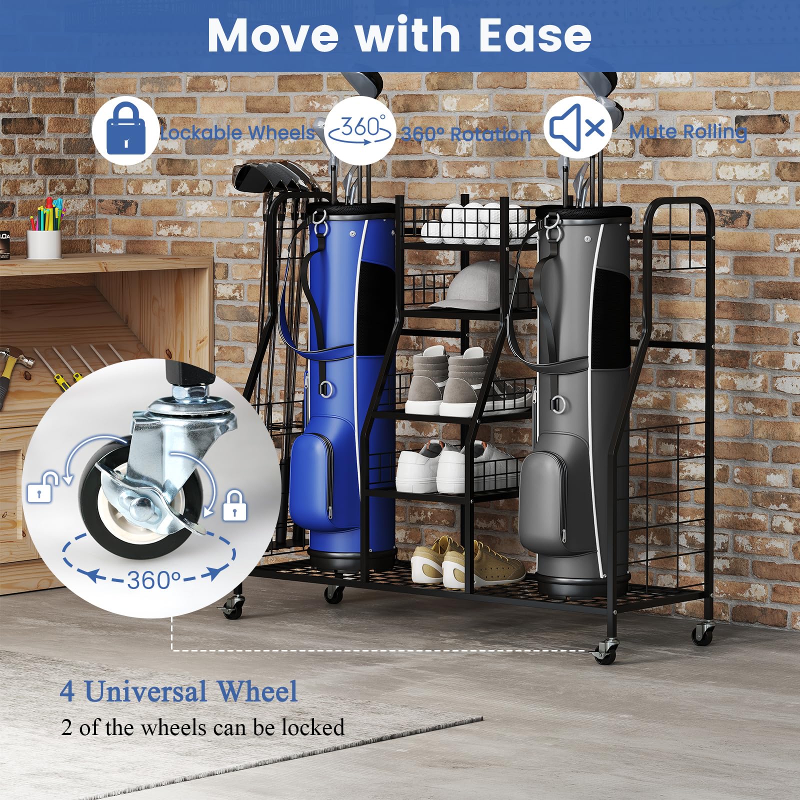 LIFEZEAL Organizador de Almacenamiento para Palos de Golf con Soporte para 2 Bolsas de Golf, Organizador de Equipo Deportivo con portapalos extraíble y Ruleta, Almacenamiento de Bolsa y Accesorio