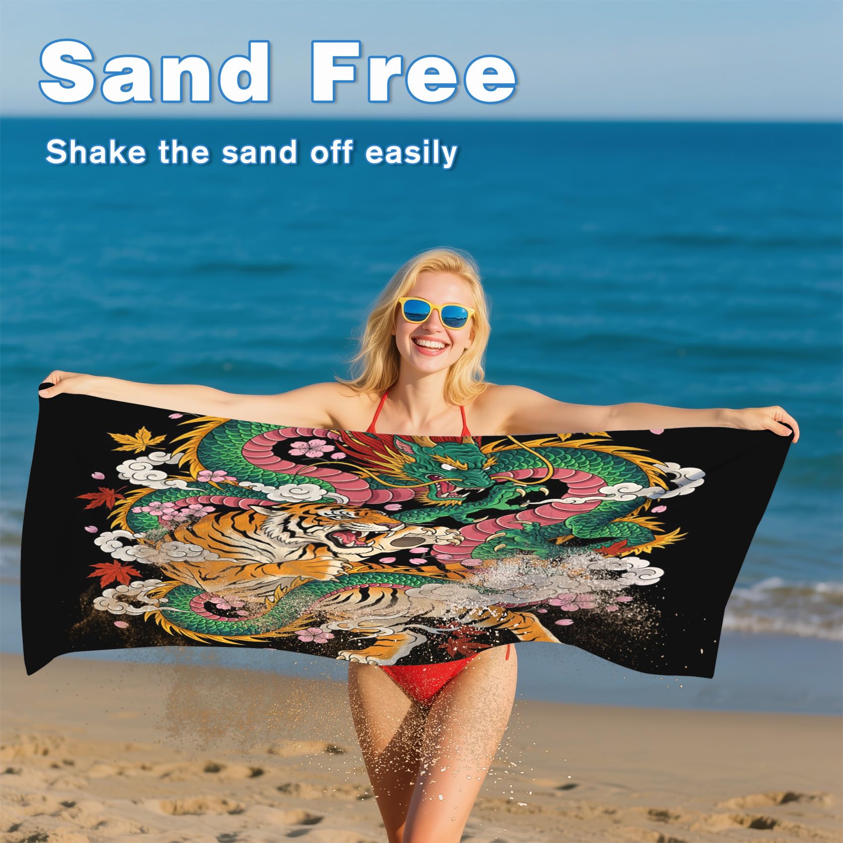 Serviette de Plage XXL Microfibre Dragon Chinois Tigre, Drap de Plage Séchage Rapide Anti Sable & Légère, Serviette de Bain Grande Taille 200x200 cm, Accessoire & Cadeau été