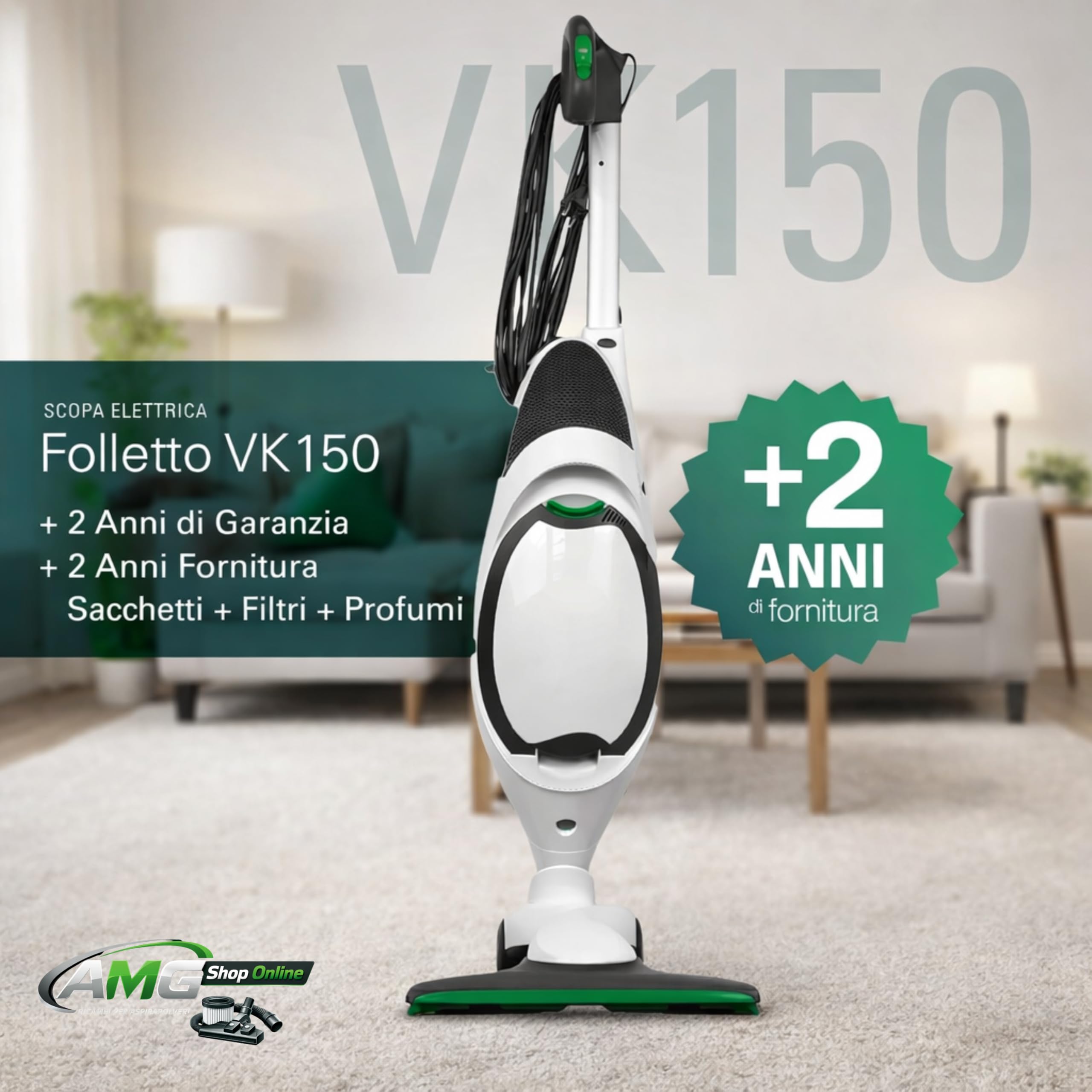 AMG Shop Online Aspirapolvere FOLLETTO VK150 + 12 SACCHETTI + PROFUMINI + GRIGLIA, Con Motore 60.000 giri/min, Emissione Polveri 0,0001 mg/m³, Sacco 2,5 L, PESO: 3 Kg - 2