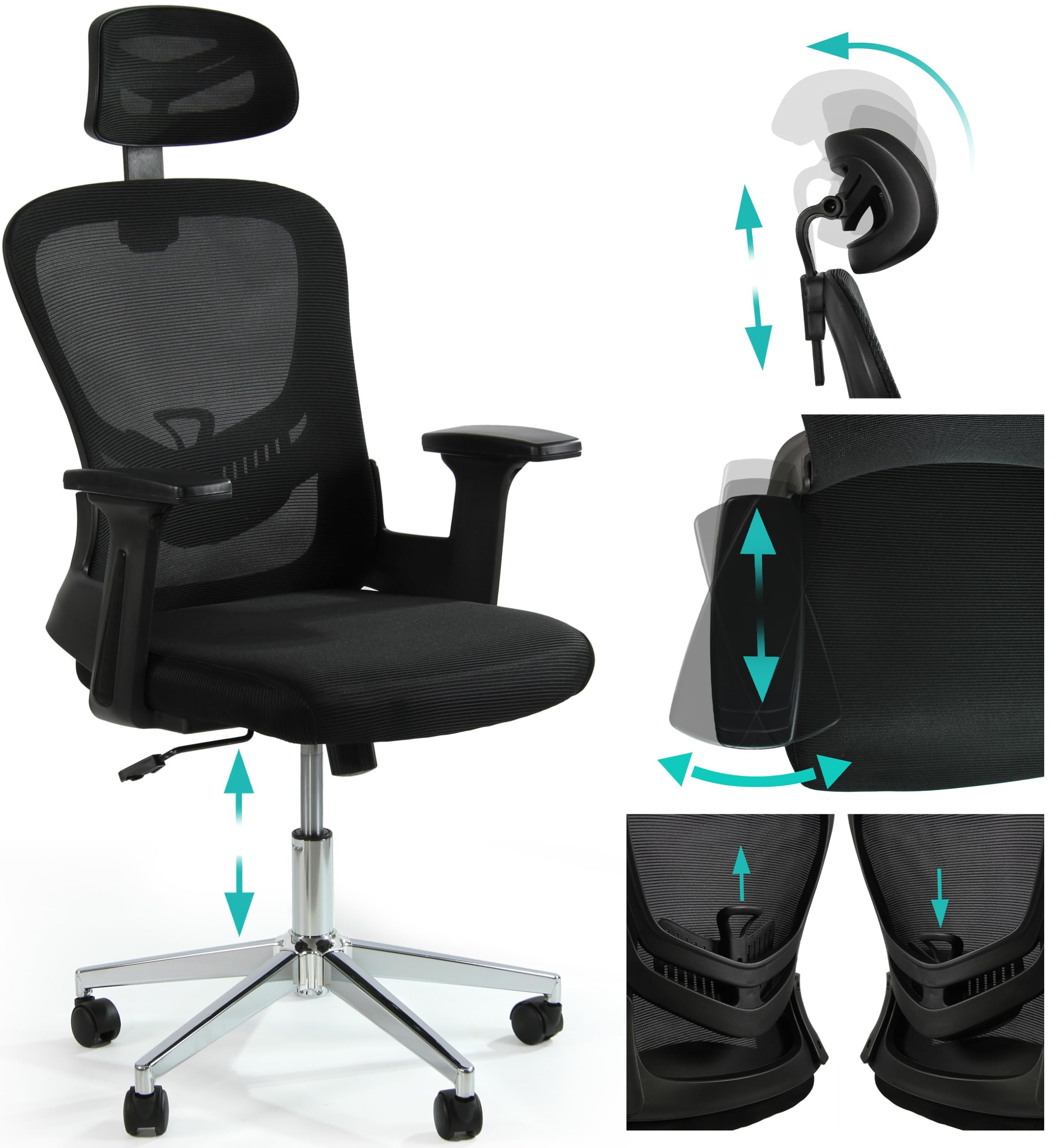 sesto senso Office Chair, Black, with Leg Rest, Ergonomic Office Chair with Lumbar Support and Folding Armrests, Manager Chair, Adjustable Headrest, K80G, Black
