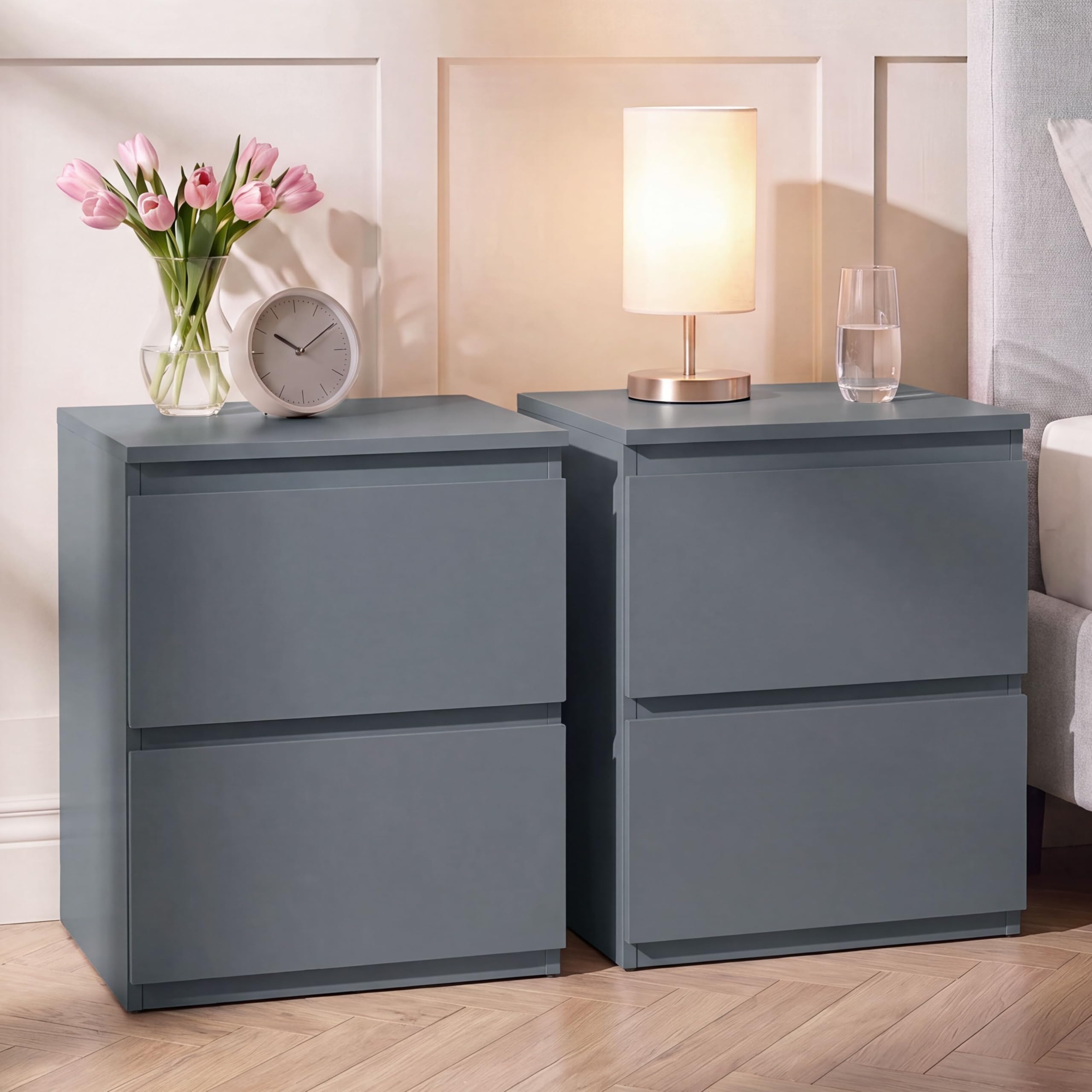 Vida Designs Denver Large 2 Drawer Bedside Chest set of 2 | Grey | Space-Saving Storage | 52H x 39.5W x 39.5D cm | Large Side Table | Minimal | Smooth Metal Runner | Modern Bedroom Nightstand Unit