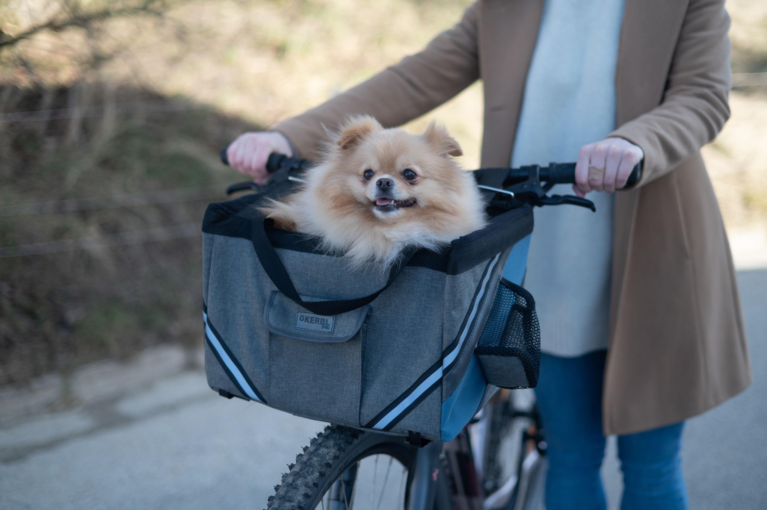 Kerbl Pet Sac de vélo Vacation, Panier pour Chien, Gris, Bleu, 38x29x25cm, Polyester, Petits Chiens, Chats, Coussin de Sol Lavable