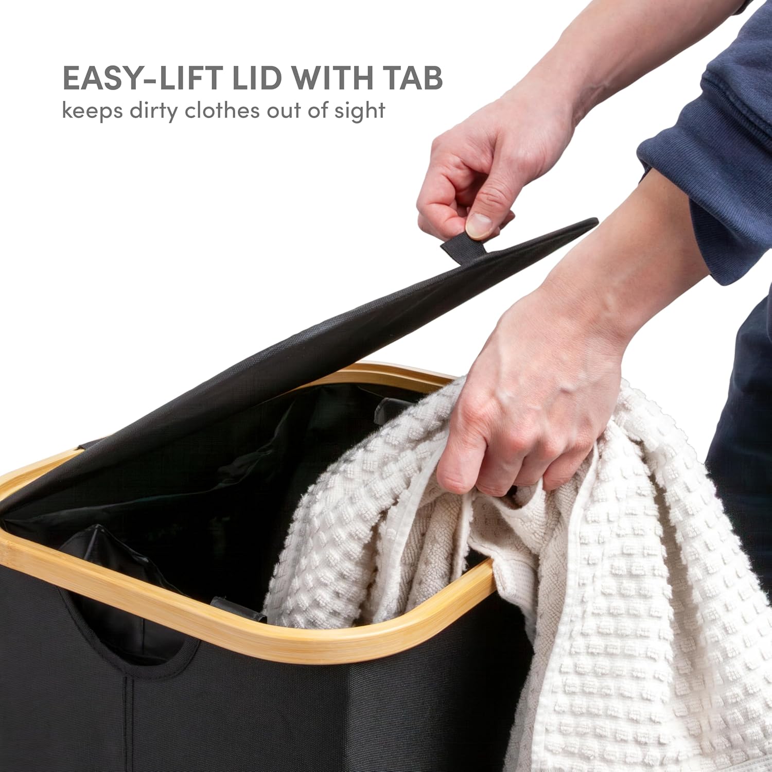 QUALIAZERO 120L Dual Laundry Hamper with Lid – 2-Section Bamboo Frame Hamper with Removable Bags & Easy-Lift Cover, Large Capacity for Families, Bathroom or Bedroom (ONYX BLACK, DUAL)