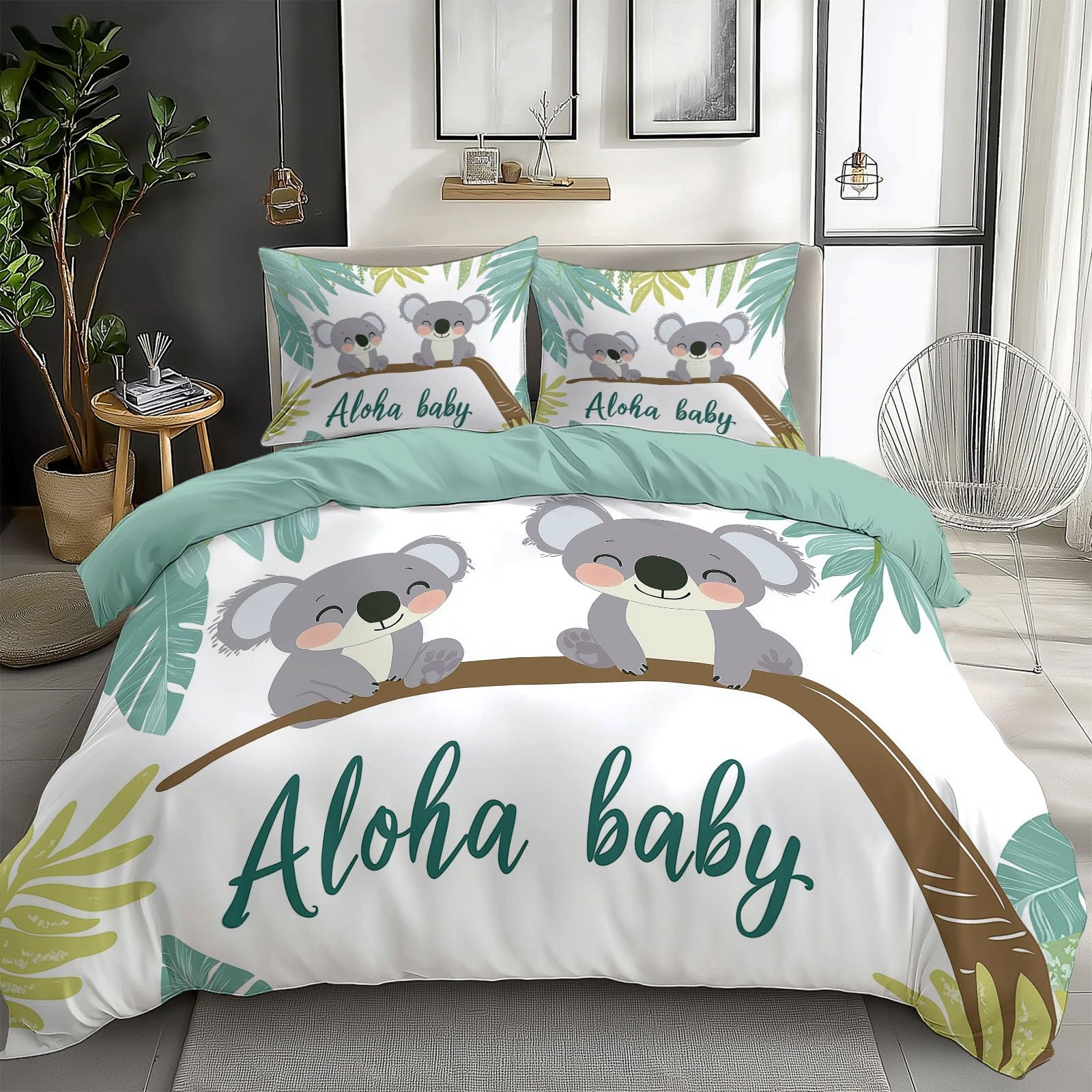 California King Duvet Cover Cartoon Animal Koala Leaves Cal King Bedding Duvet Cover Set, 3 Pieces, Soft and Breathable Comforter Cover with 2 Pillow Shams, for All Season